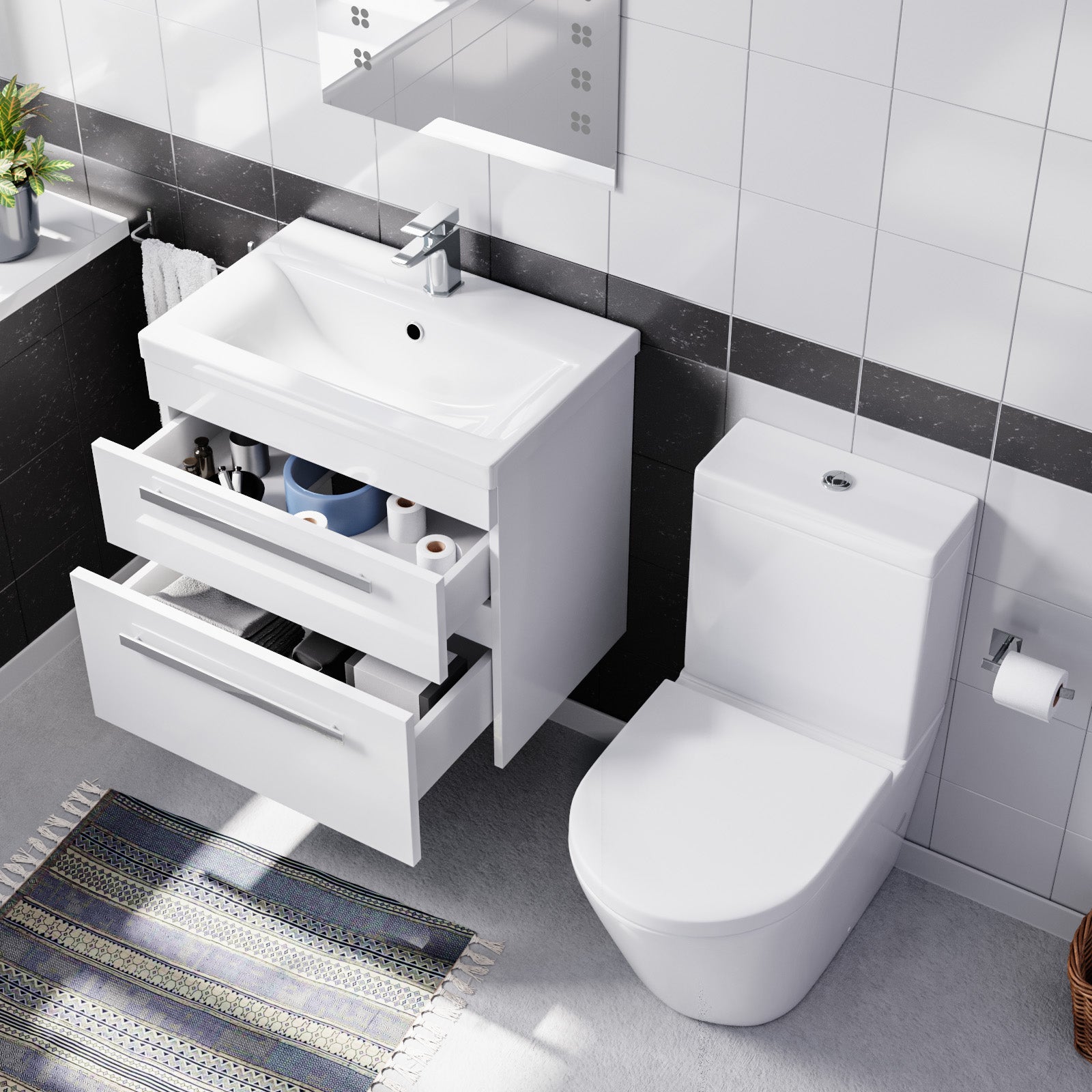 Nanuya White 600mm Wall Hung 2 Drawer Vanity Cabinet Unit & Close Coupled Toilet