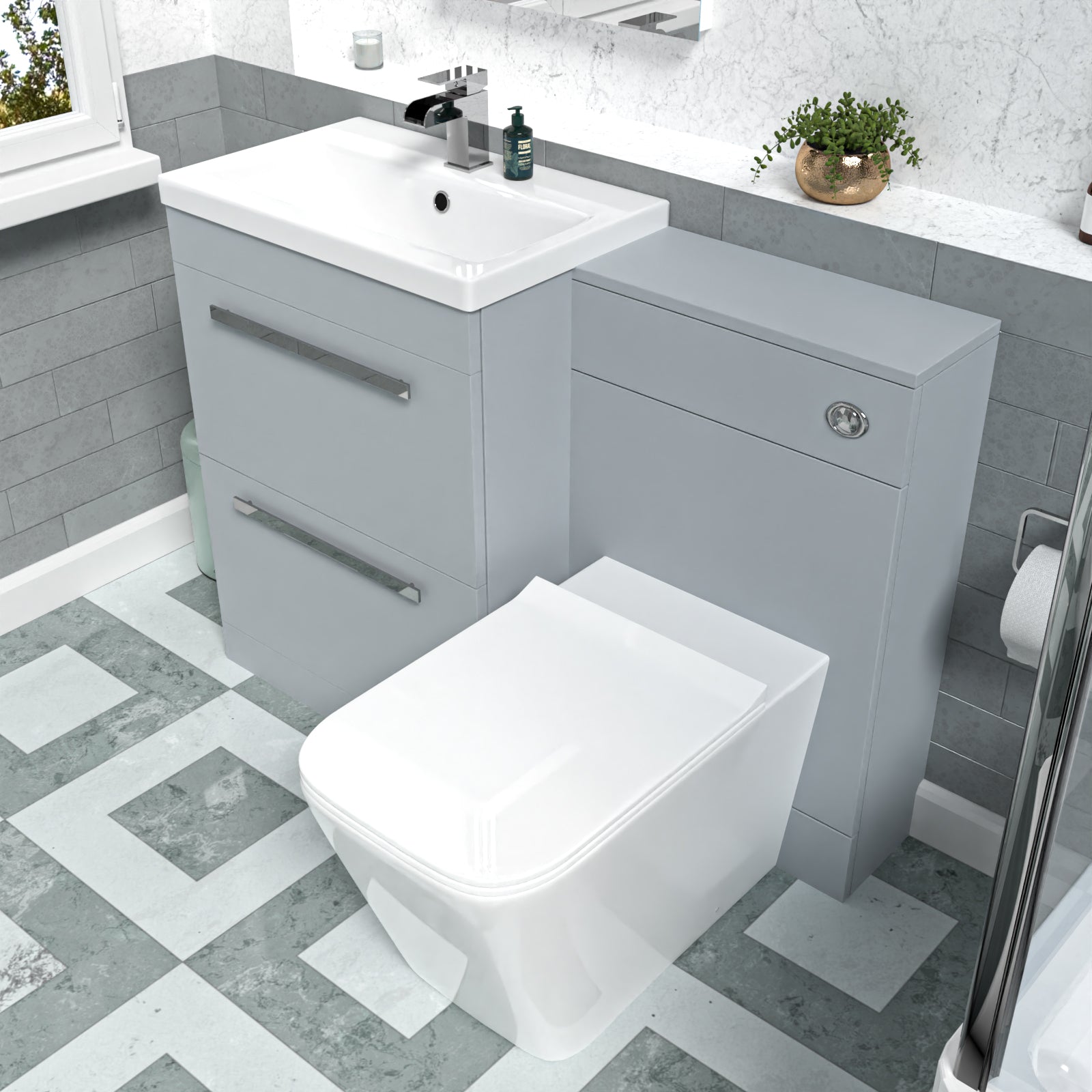 Nanuya 1100mm Matte Grey 2 Drawers Basin Vanity, WC Unit & Back To Wall Toilet