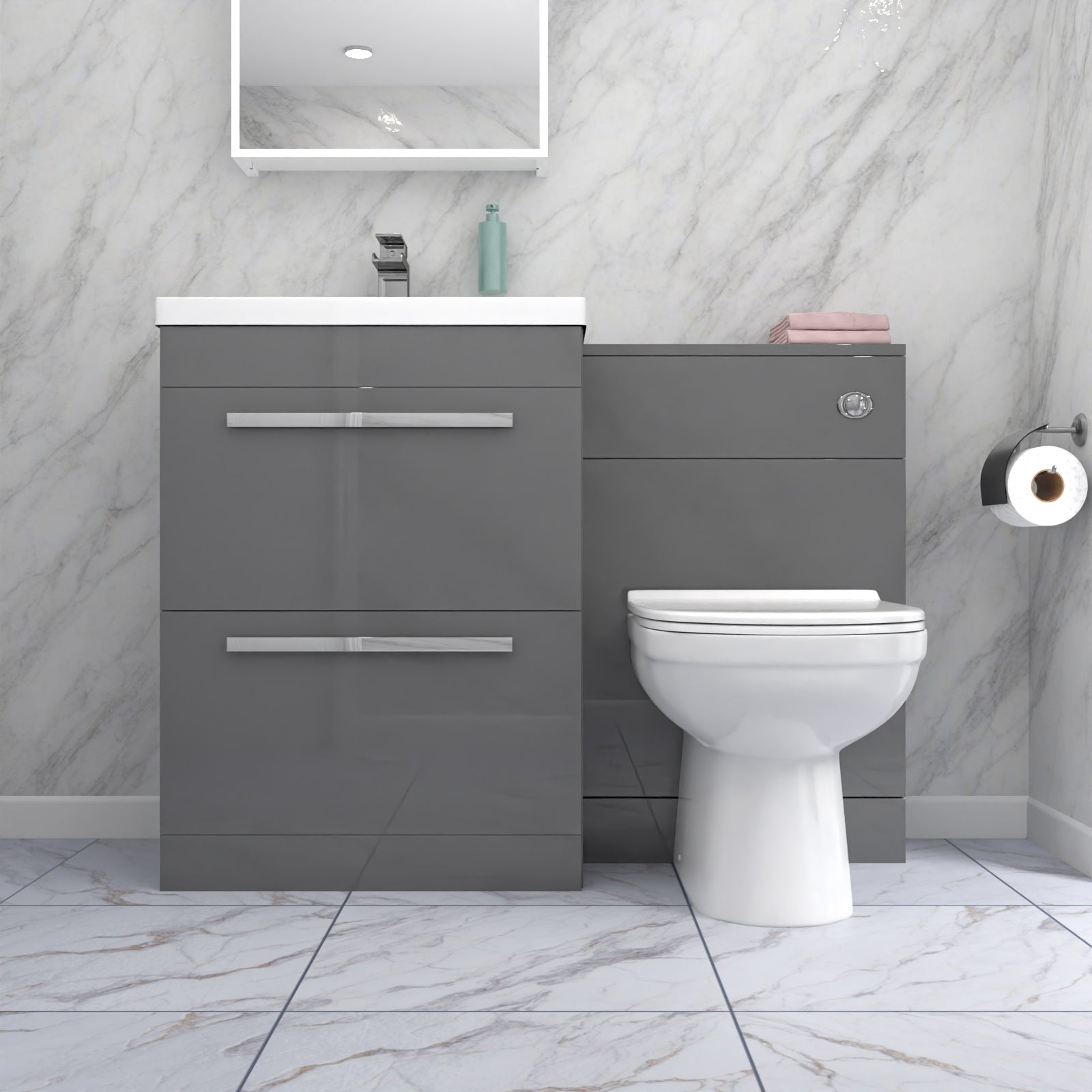 Nanuya 1100mm Grey 2 Drawer Vanity Basin Unit, WC & Curved BTW Toilet