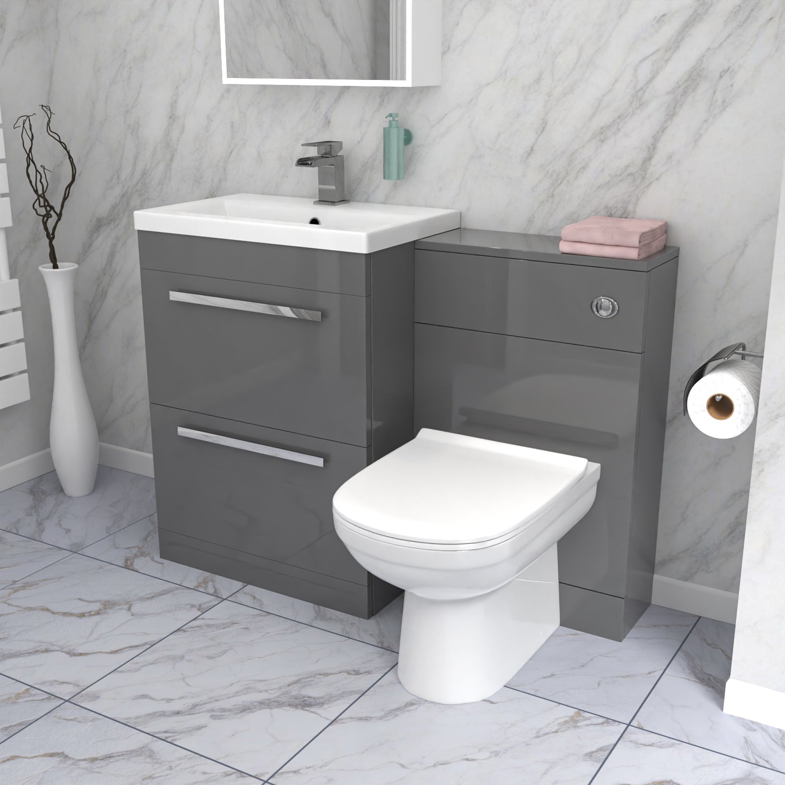 Nanuya 1100mm Grey 2 Drawer Vanity Basin Unit, WC & Curved BTW Toilet