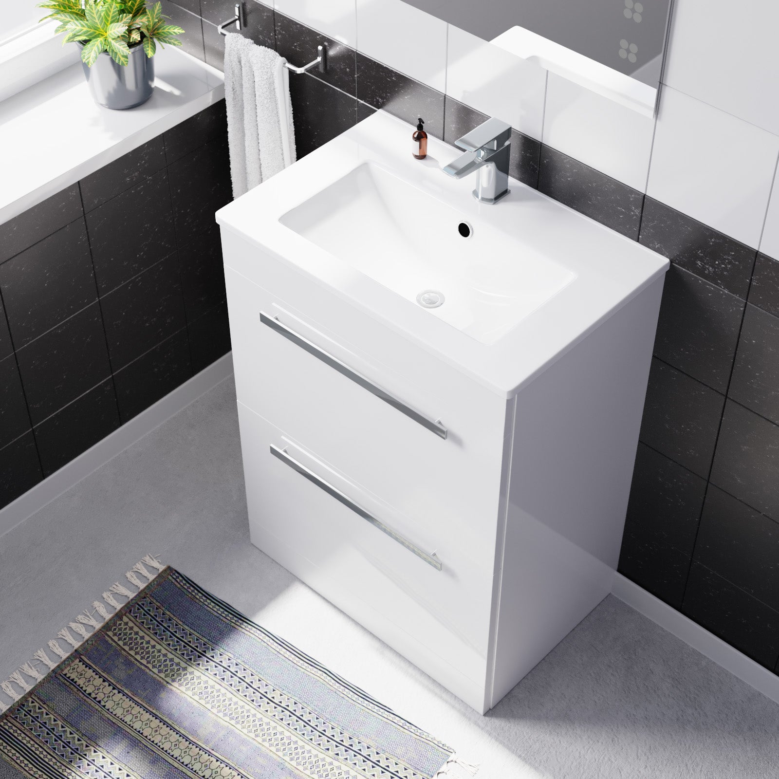 Nanuya White 600mm Floorstanding 2 Drawer Vanity Slim Basin Unit