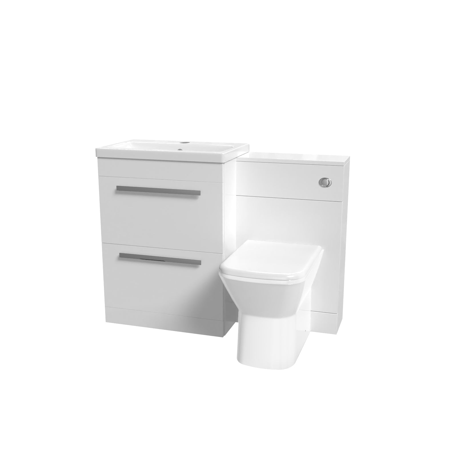 Nanuya 1100mm White Basin Vanity Cabinet, WC Unit, Rimless Back To Wall Toilet