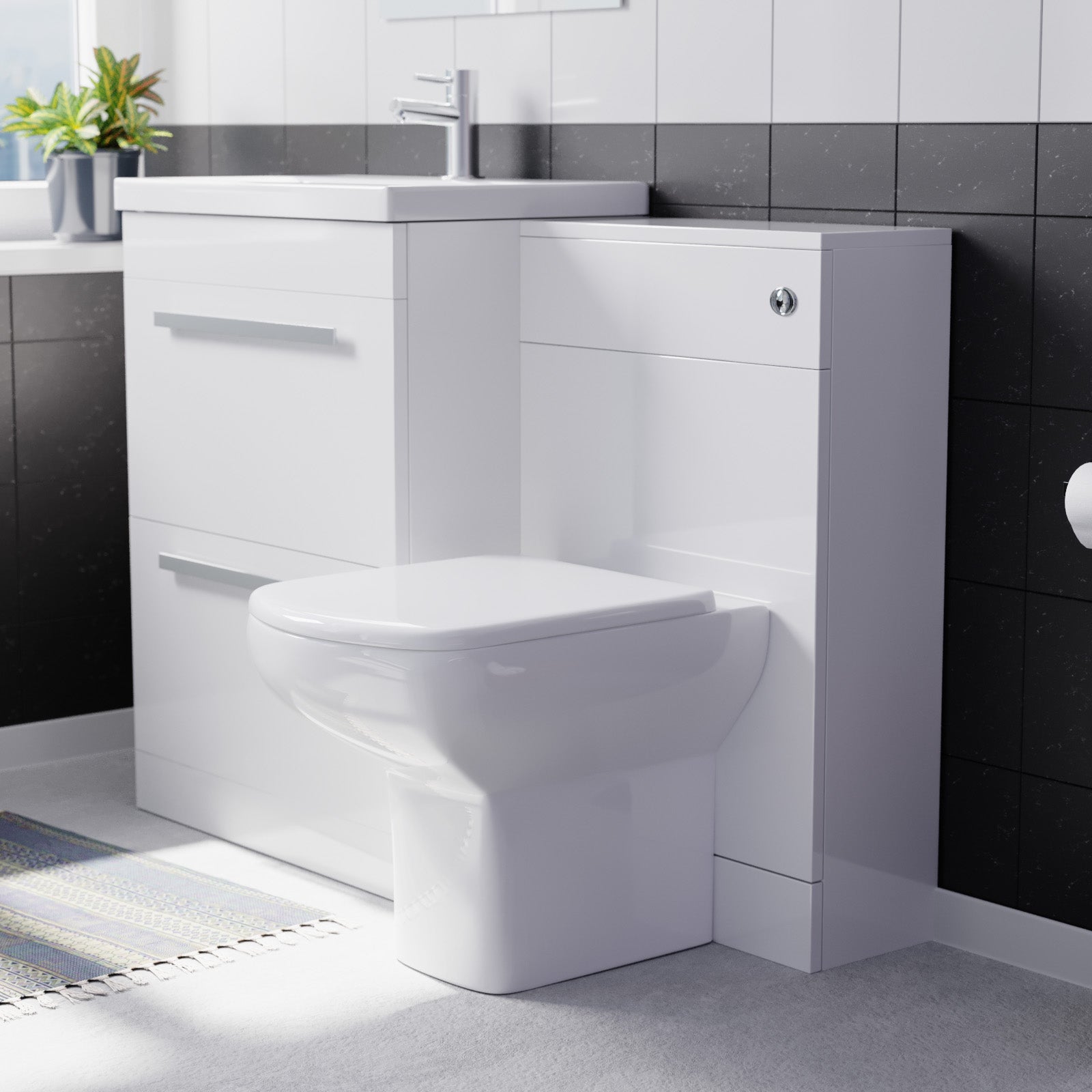 Nanuya 600mm White 2 Drawers Vanity Unit, Back To Wall Toilet