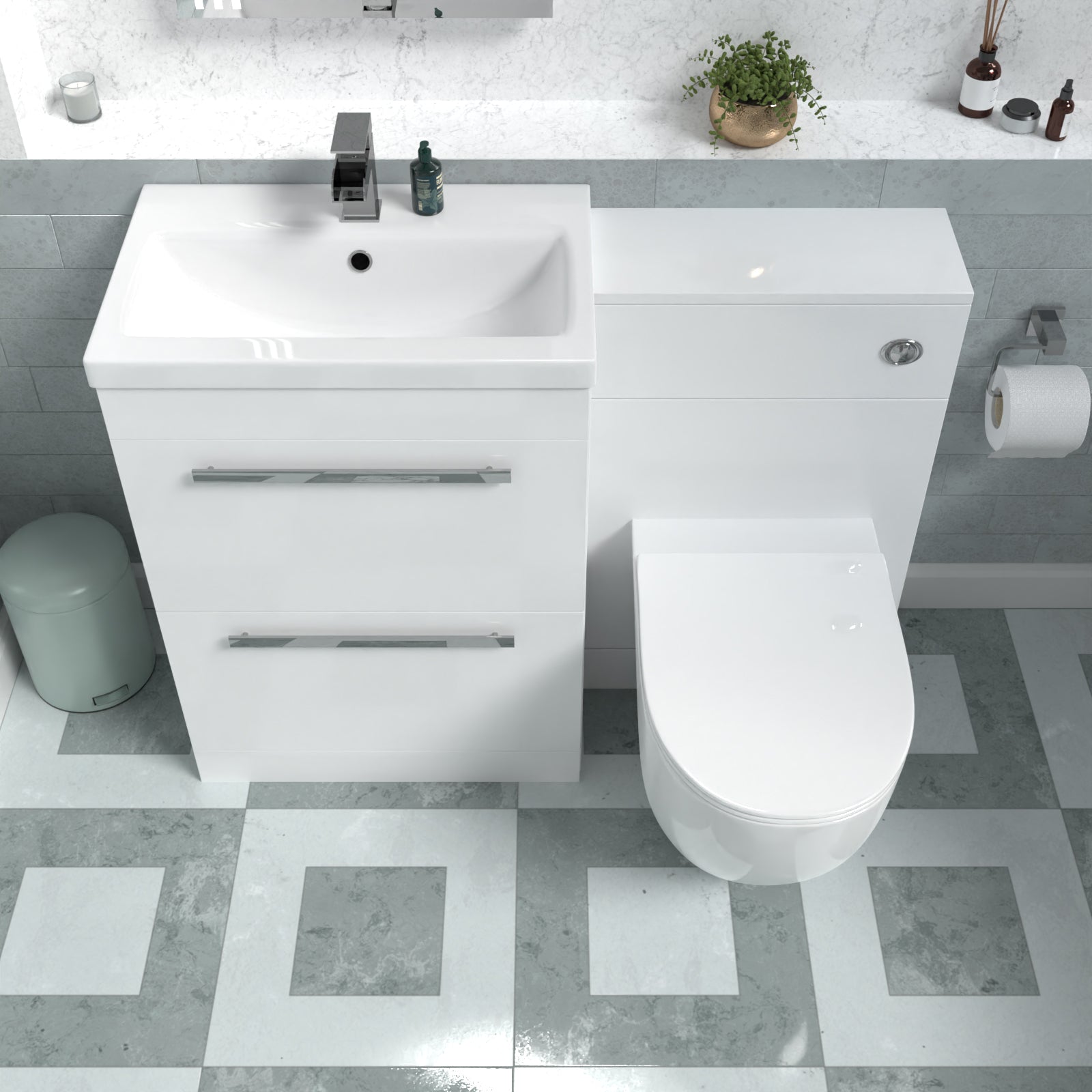 Nanuya 1100mm White Basin Vanity Cabinet, WC Unit & Round Back To Wall Toilet