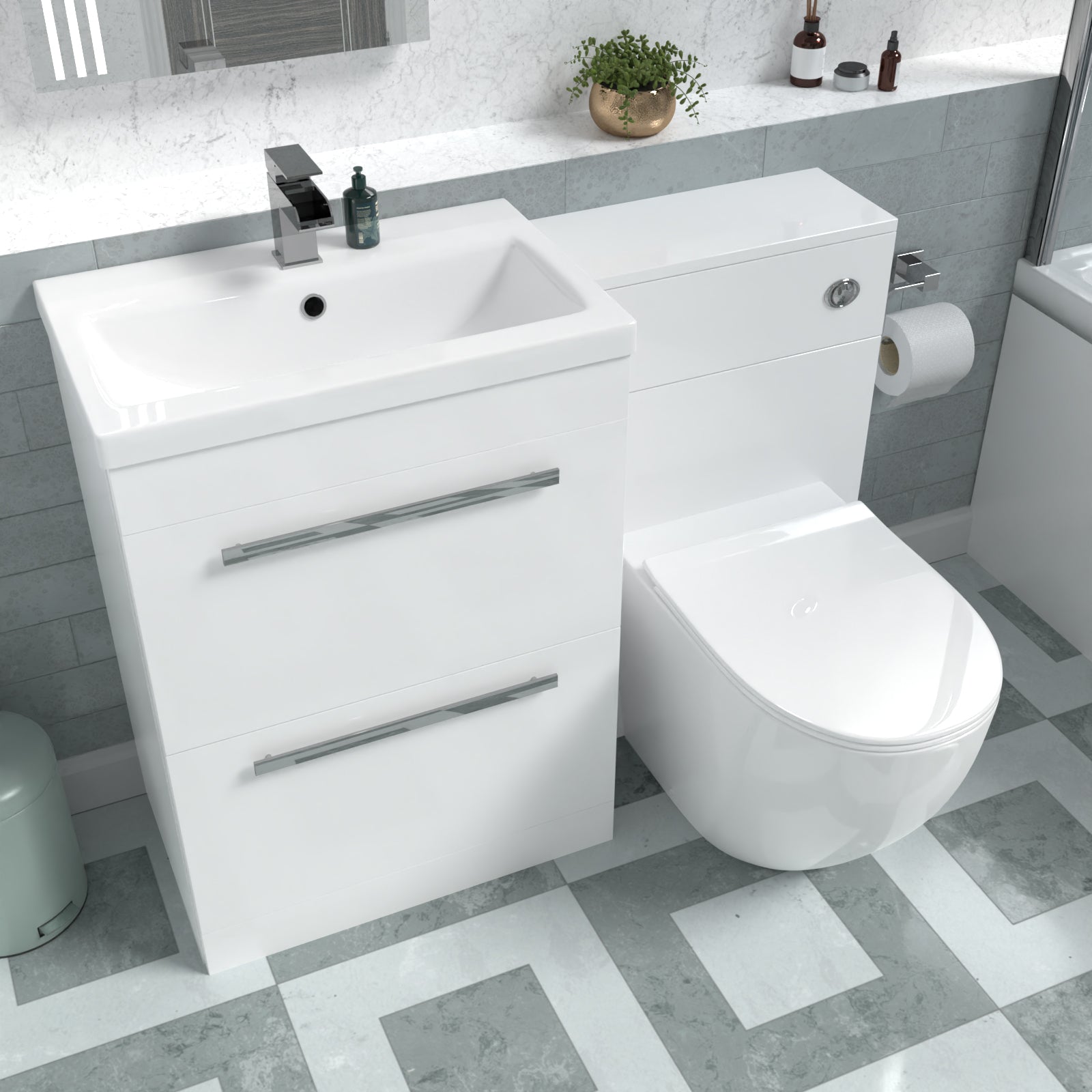Nanuya 1100mm White Basin Vanity Cabinet, WC Unit & Round Back To Wall Toilet