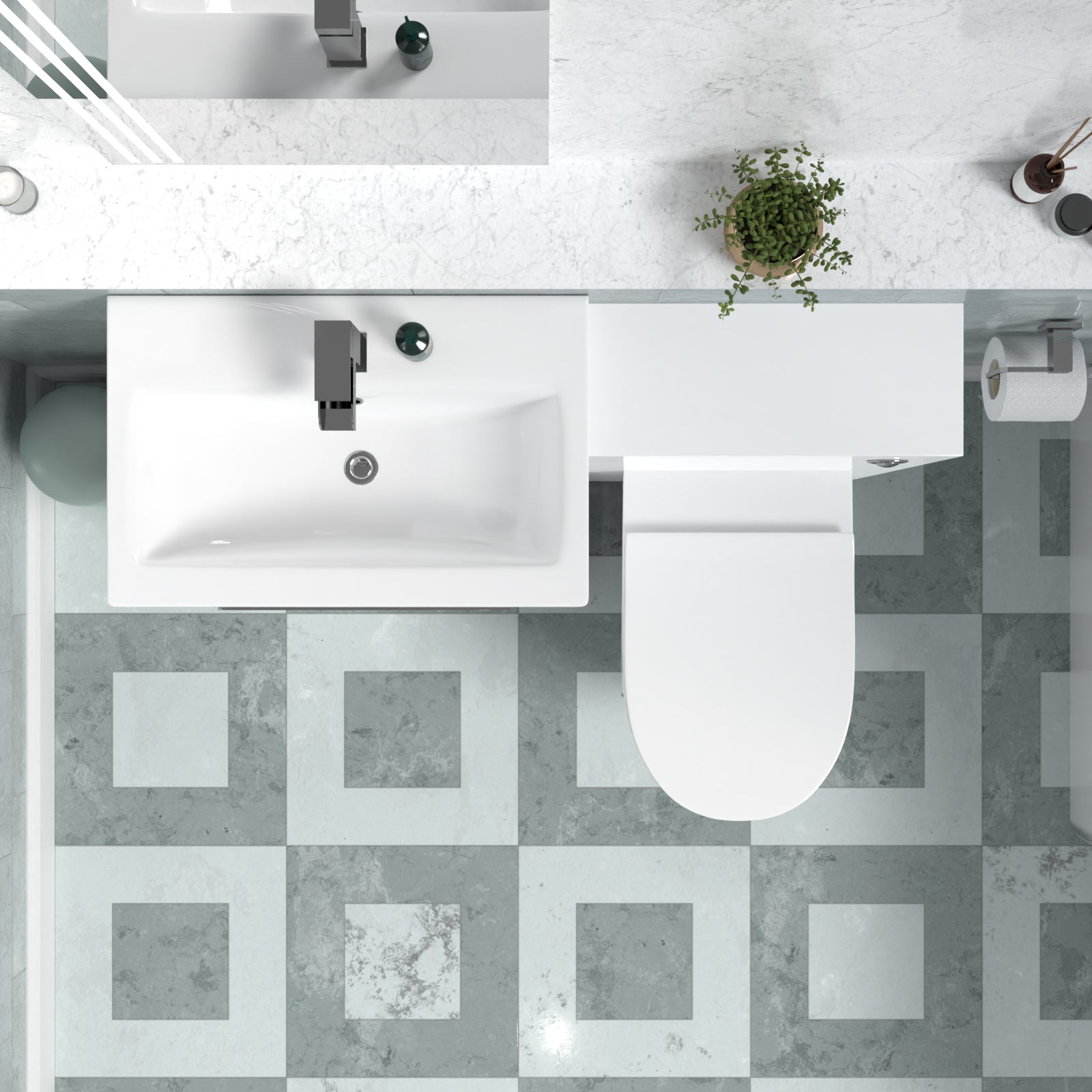 Nanuya 1100mm White Basin Vanity Cabinet, WC Unit & Round Back To Wall Toilet