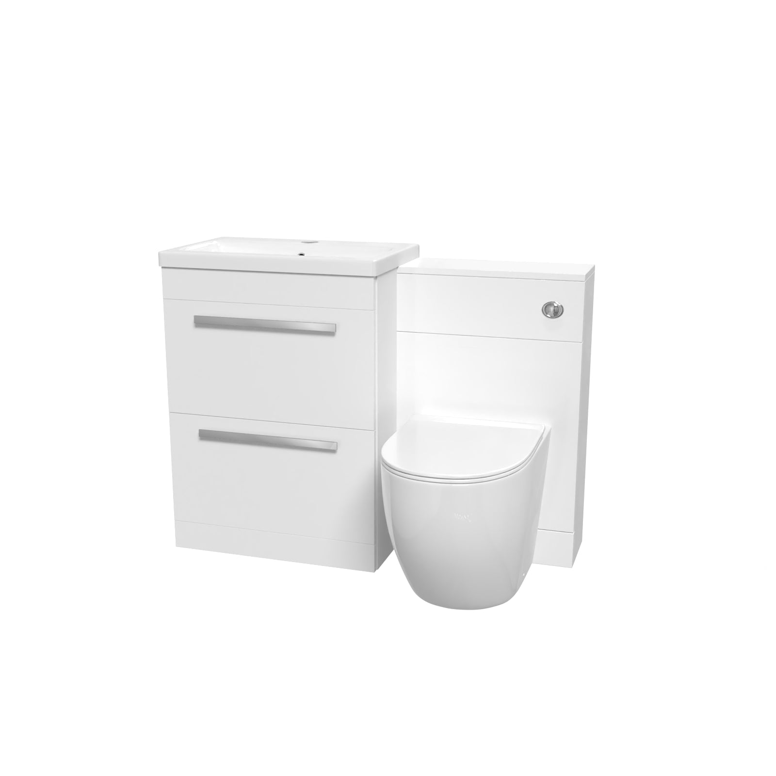Nanuya 1100mm White Basin Vanity Cabinet, WC Unit & Round Back To Wall Toilet