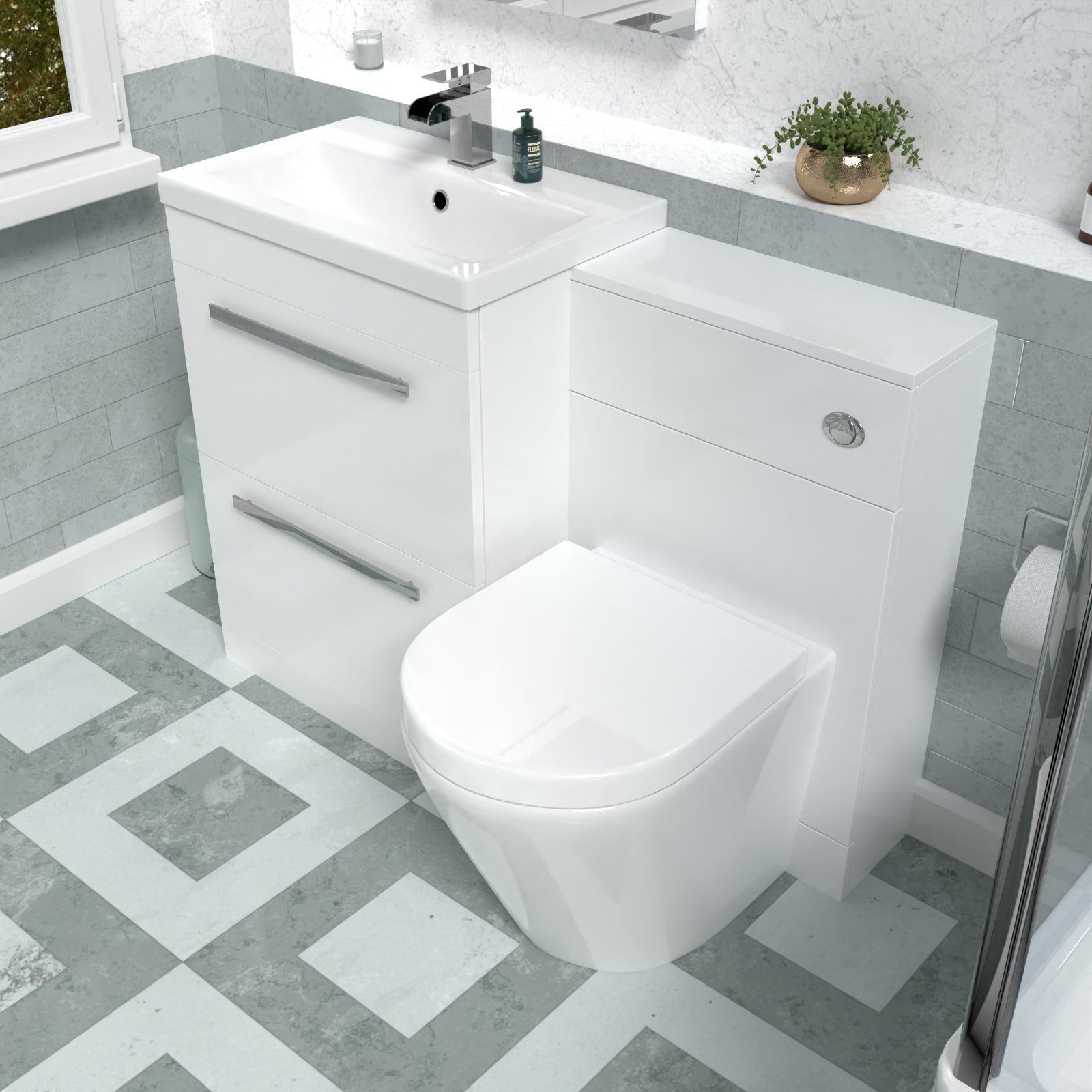 Nanuya 1100mm White Basin Vanity Cabinet, WC Unit & Back To Wall Toilet