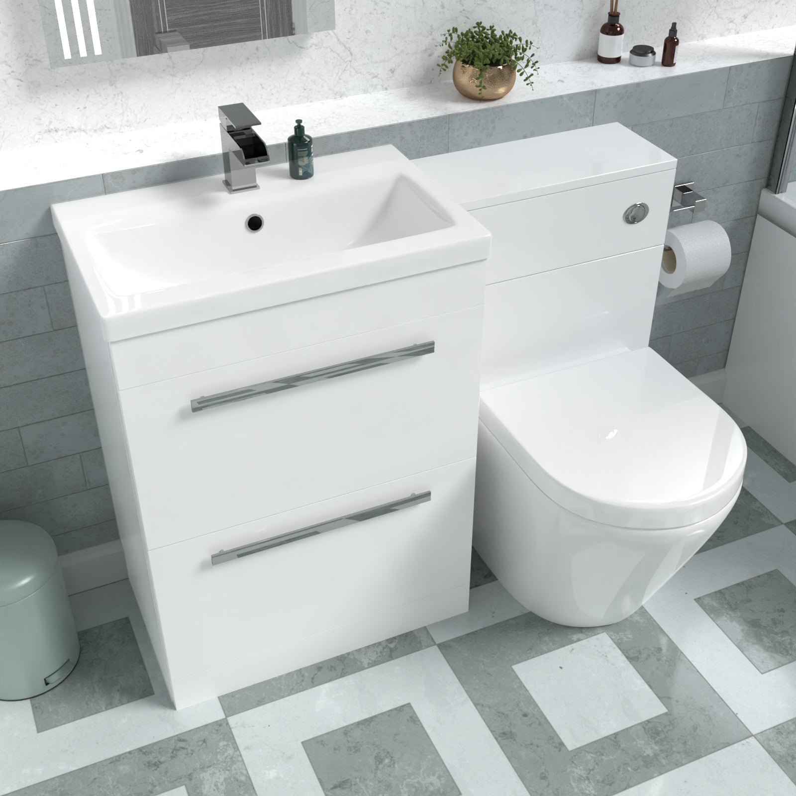 Nanuya 1100mm White Basin Vanity Cabinet, WC Unit & Back To Wall Toilet