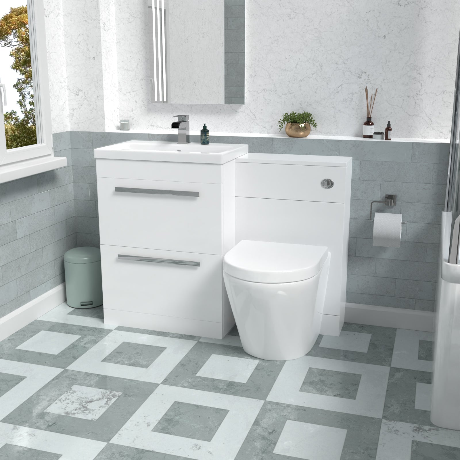 Nanuya 1100mm White Basin Vanity Cabinet, WC Unit & Back To Wall Toilet