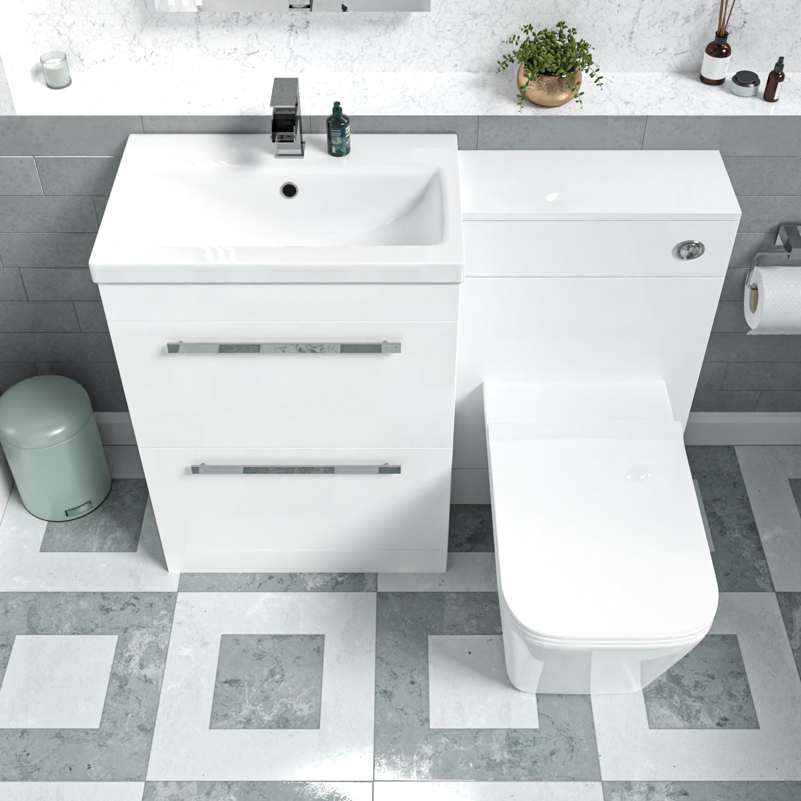 Nanuya 1100mm White 2 Drawers Basin Vanity, WC Unit & Back To Wall Toilet