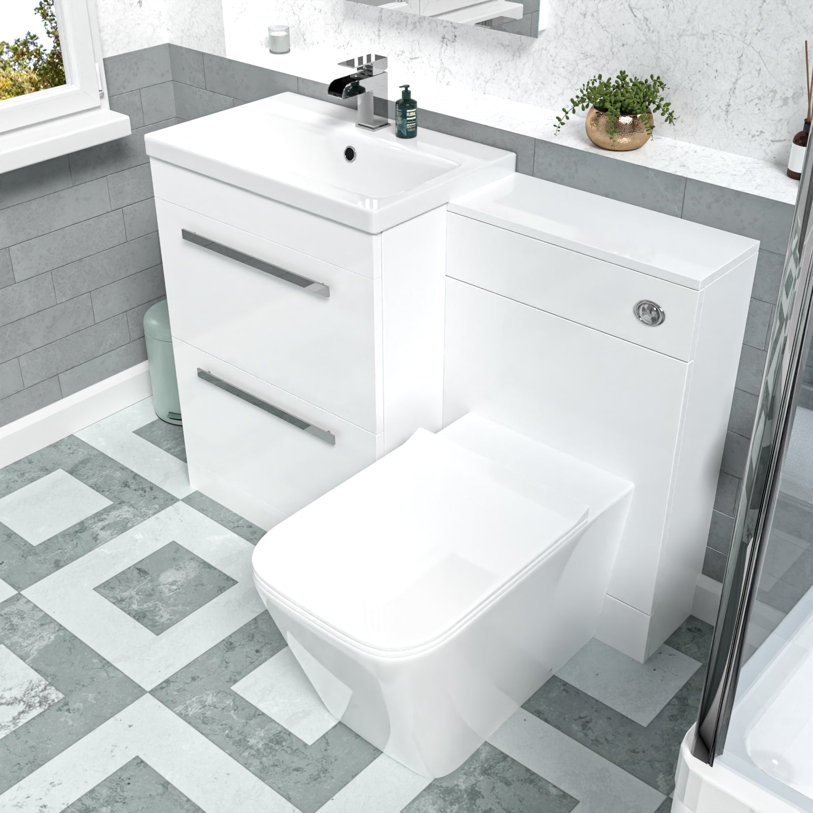 Nanuya 1100mm White 2 Drawers Basin Vanity, WC Unit & Back To Wall Toilet