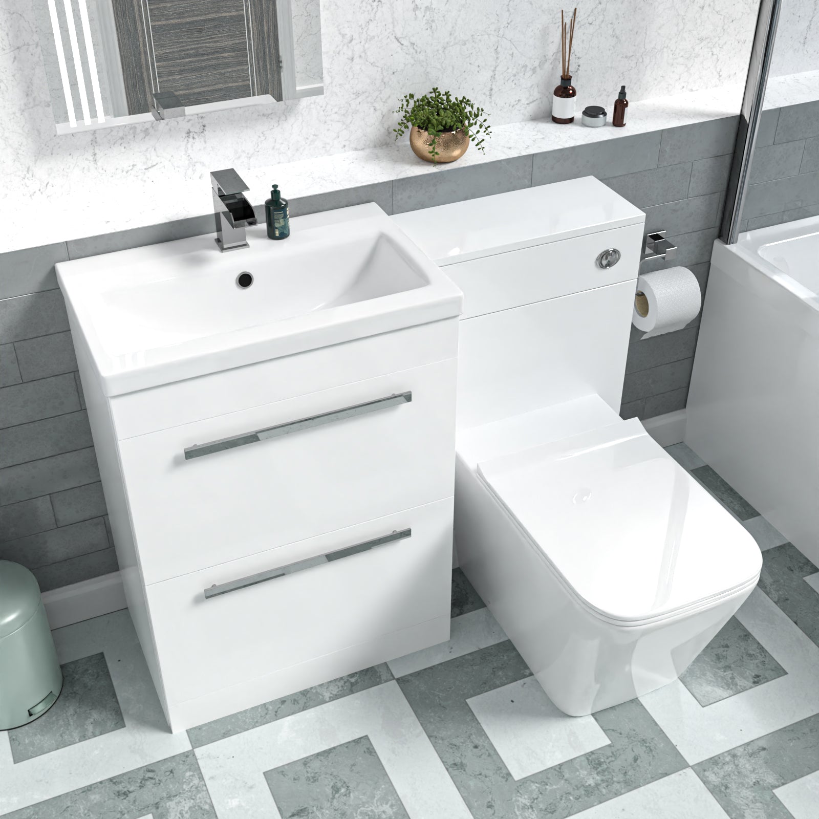 Nanuya 1100mm White 2 Drawers Basin Vanity, WC Unit & Back To Wall Toilet