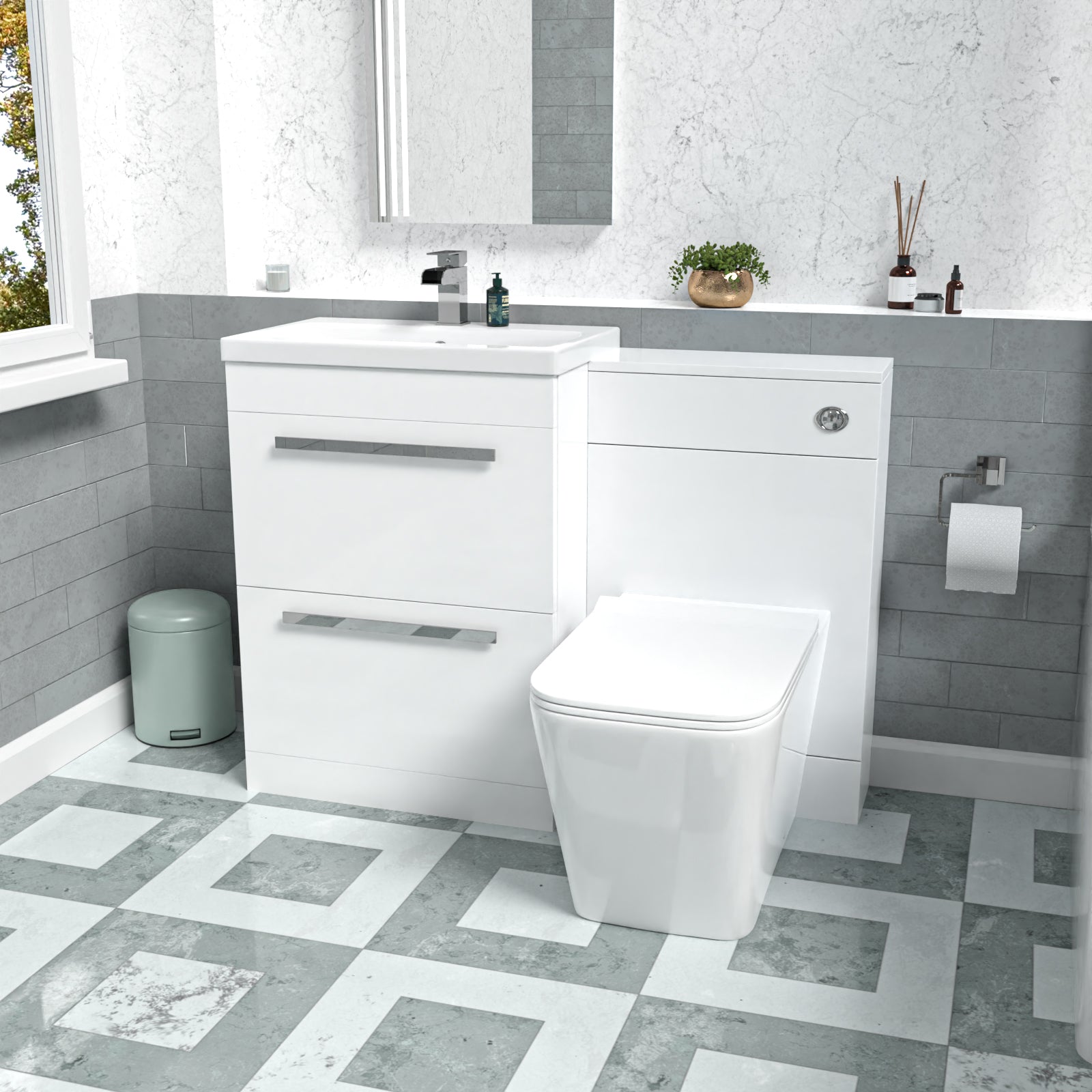 Nanuya 1100mm White 2 Drawers Basin Vanity, WC Unit & Back To Wall Toilet