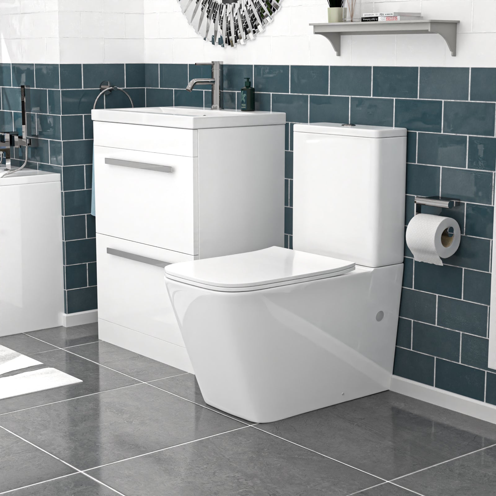 Nanuya 600mm White 2 Drawers Vanity Unit, Back To Wall Toilet