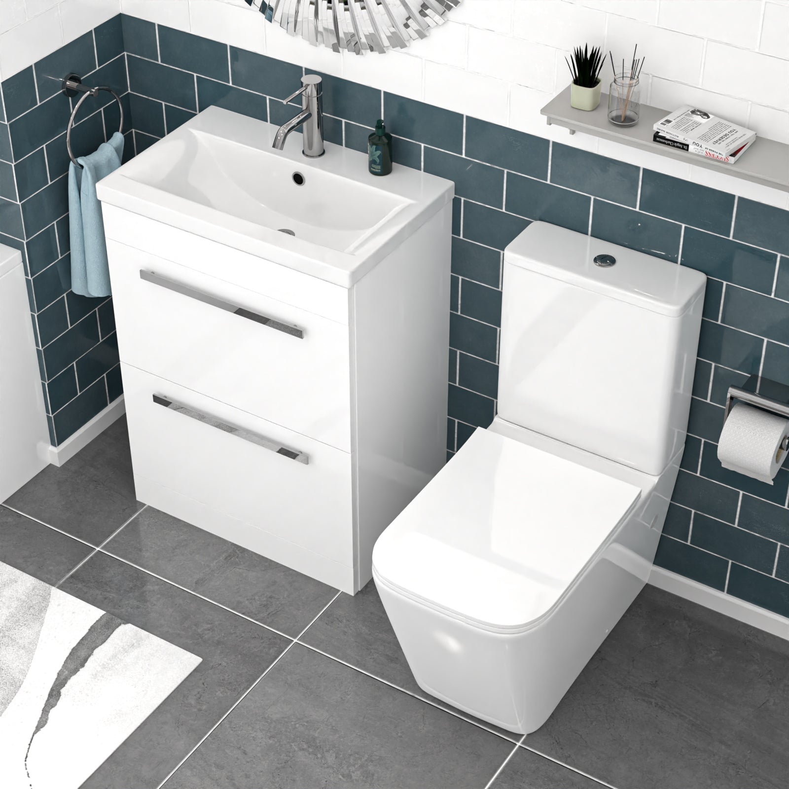 Nanuya 600mm White 2 Drawers Vanity Unit, Back To Wall Toilet