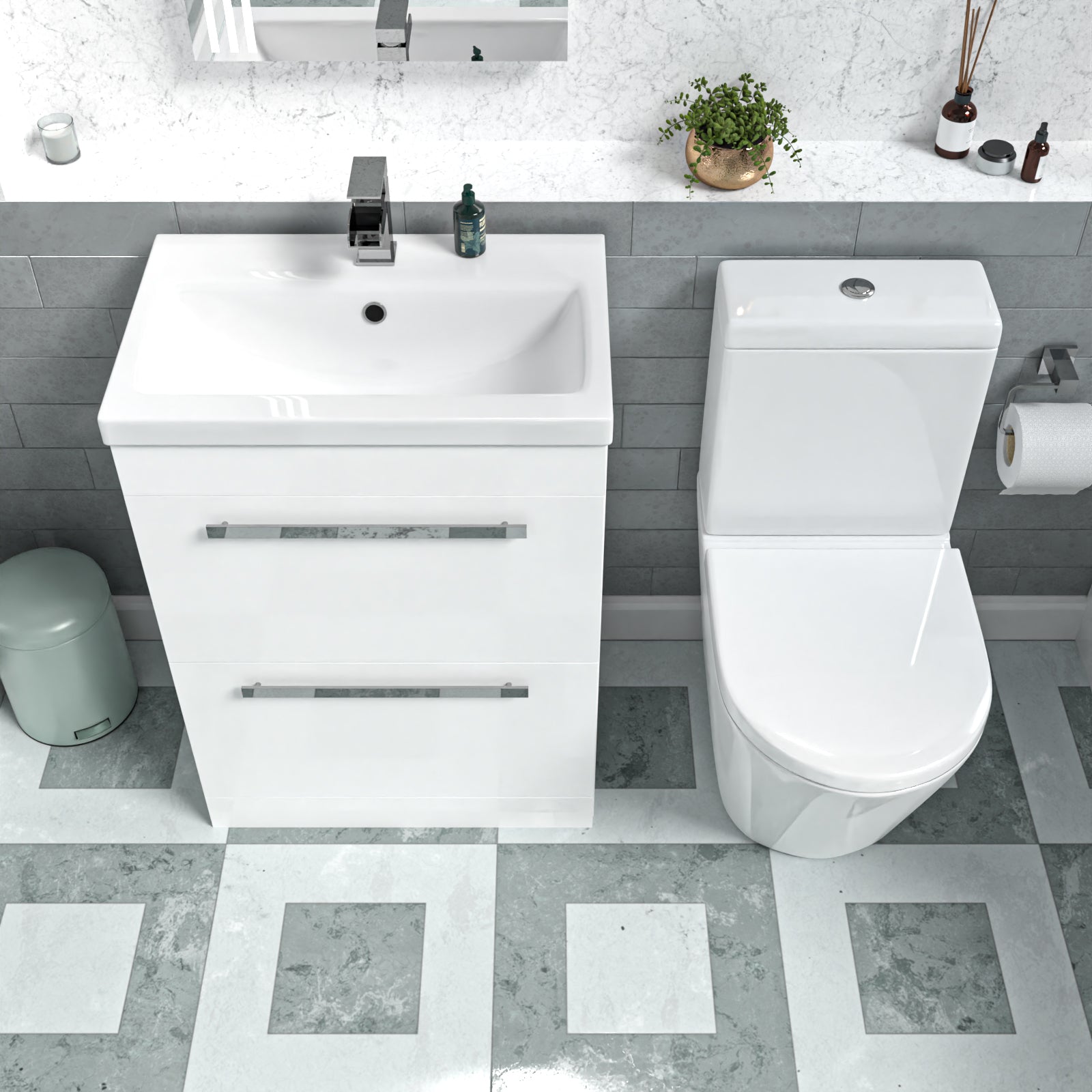 Nanuya White 600mm Floorstanding 2 Drawer Vanity Basin Unit & Toilet