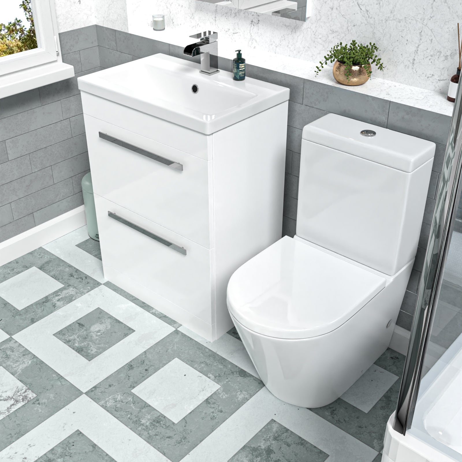 Nanuya White 600mm Floorstanding 2 Drawer Vanity Basin Unit & Toilet