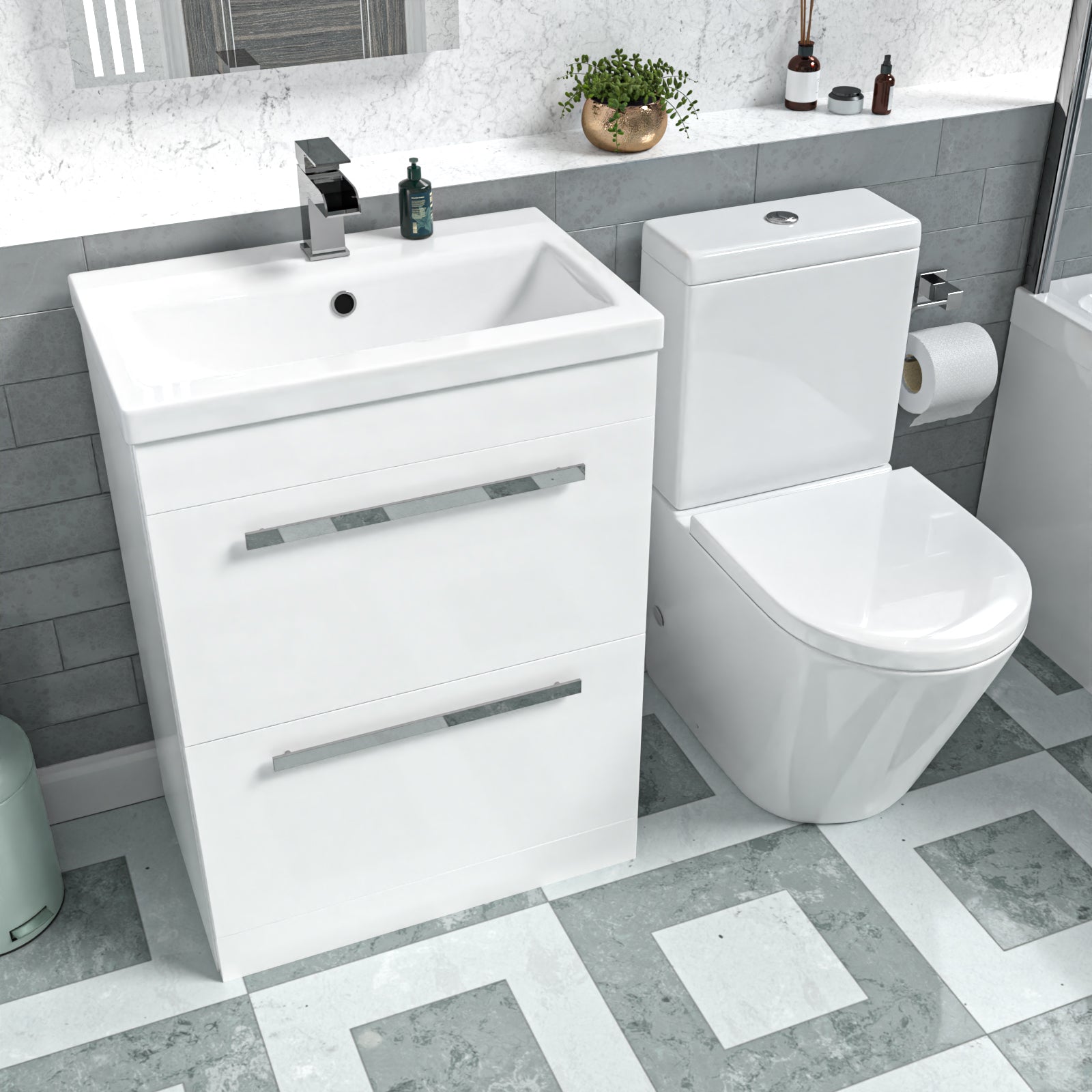 Nanuya White 600mm Floorstanding 2 Drawer Vanity Basin Unit & Toilet