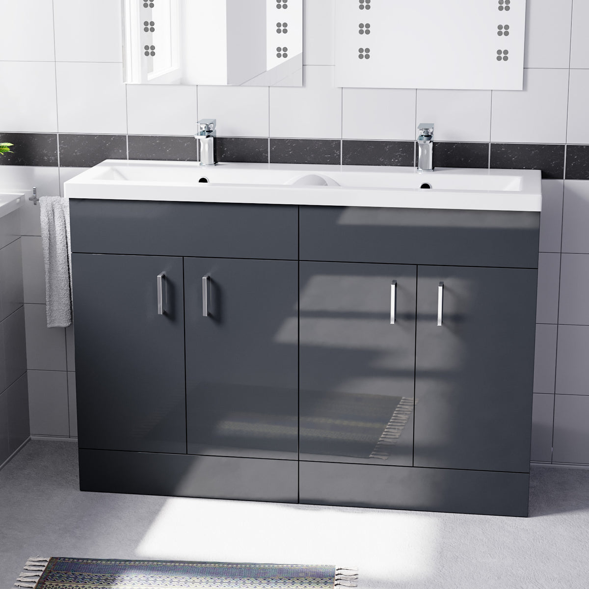 Set of 2 Floorstanding 600mm Vanity & Ceramic Mid Edge Twin Basin - Anthracite