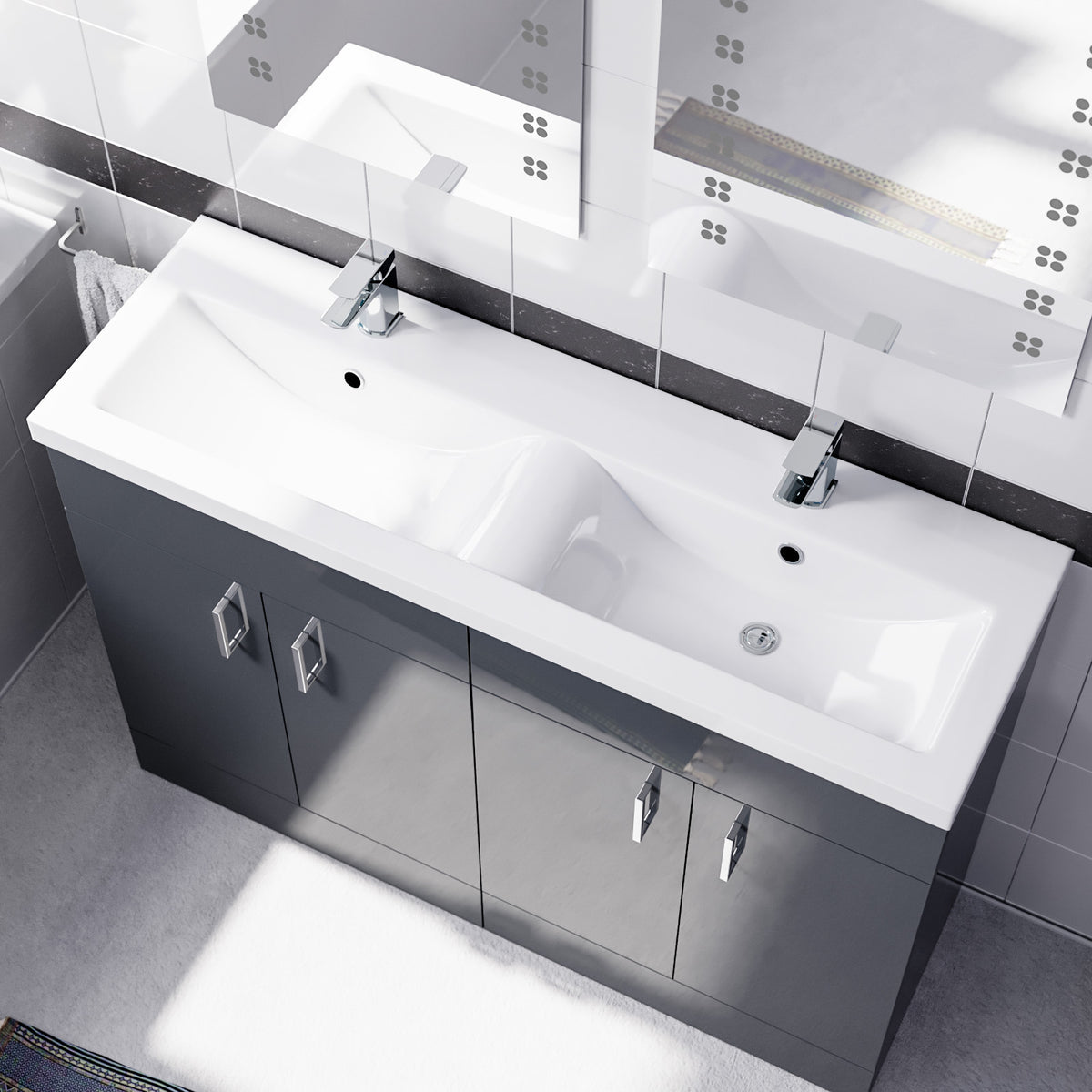 Set of 2 Floorstanding 600mm Vanity & Ceramic Mid Edge Twin Basin - Anthracite