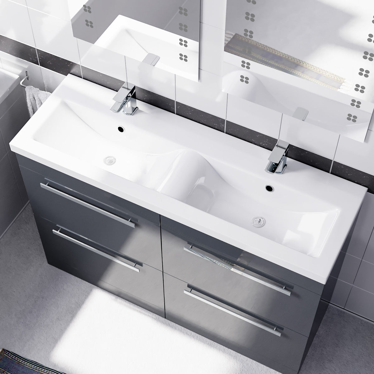 Set of 2 Freestanding 600mm Vanity With Ceramic Mid Edge Twin Basin- Anthracite