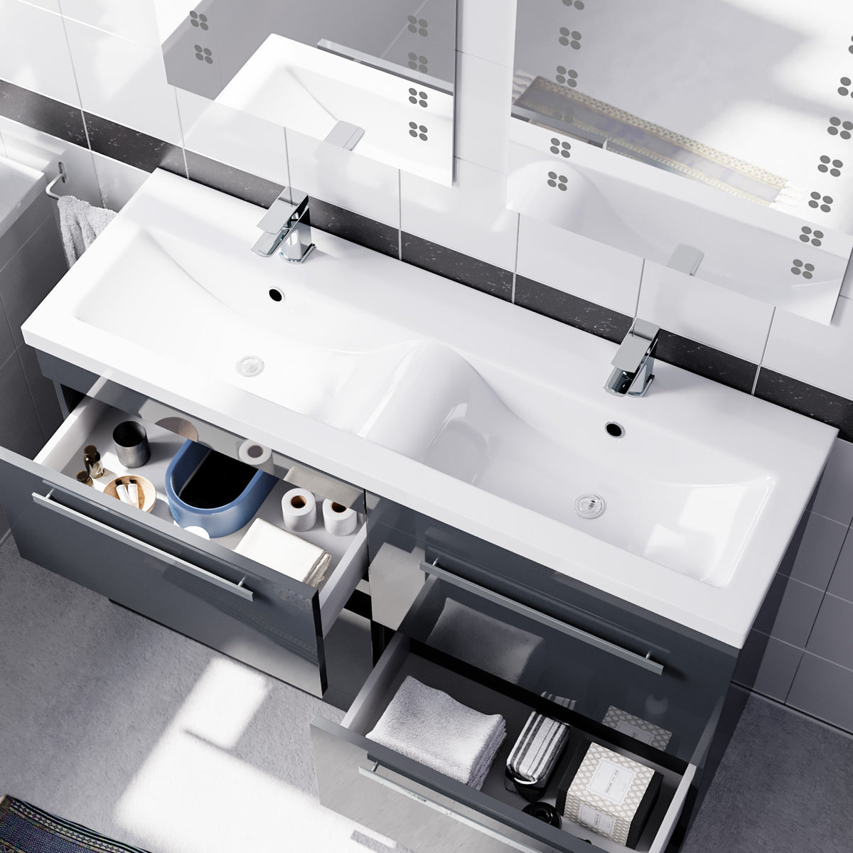 Set of 2 Freestanding 600mm Vanity With Ceramic Mid Edge Twin Basin- Anthracite