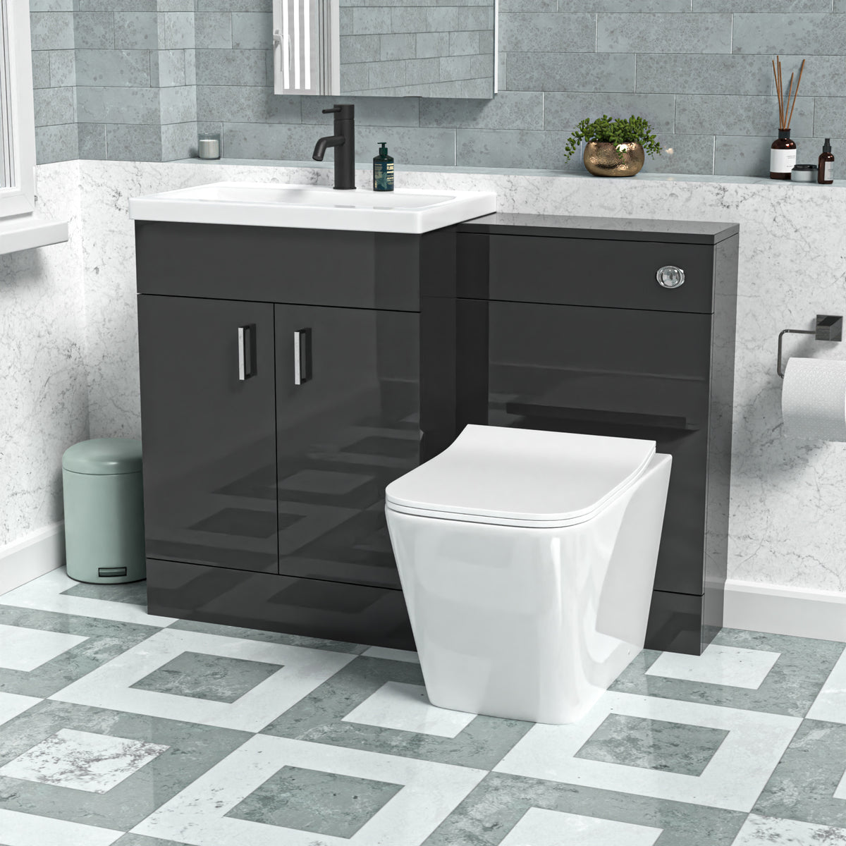 Anthracite 1100mm Freestanding Doors Vanity With WC Unit & BTW Toilet Pan