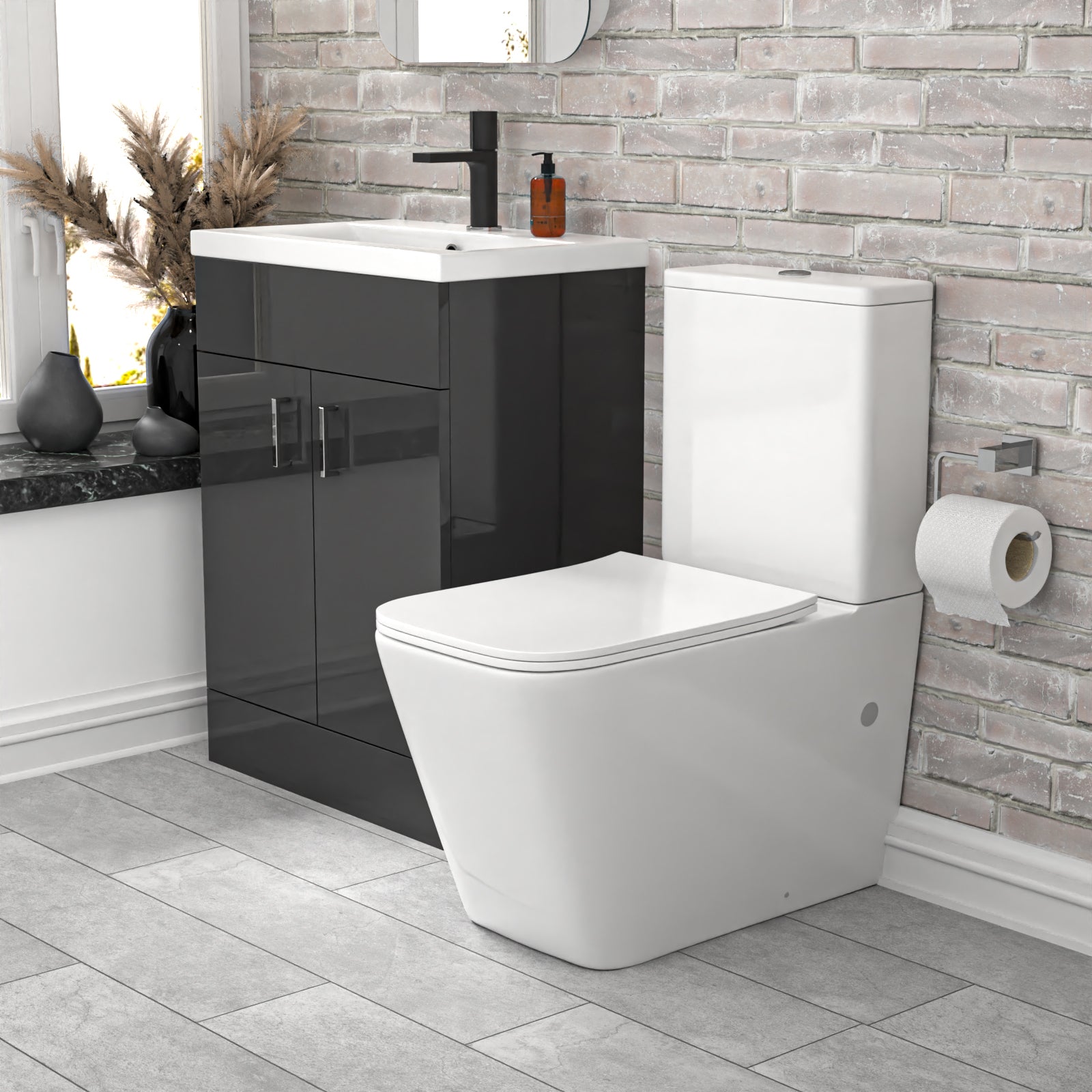 Nanuya 600mm Dark Grey Basin Vanity & Rimless Square Close Coupled Toilet
