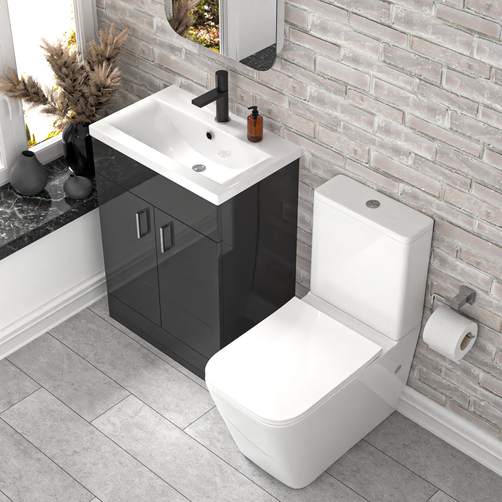 Nanuya 600mm Dark Grey Basin Vanity & Rimless Square Close Coupled Toilet