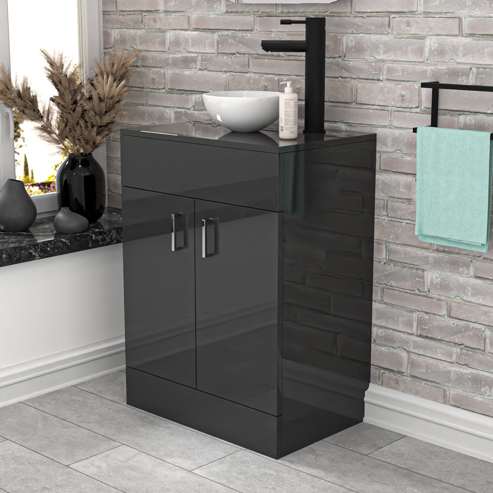 Nanuya Dark Grey 600mm Bathroom Doors Vanity Unit Round Ceramic Basin