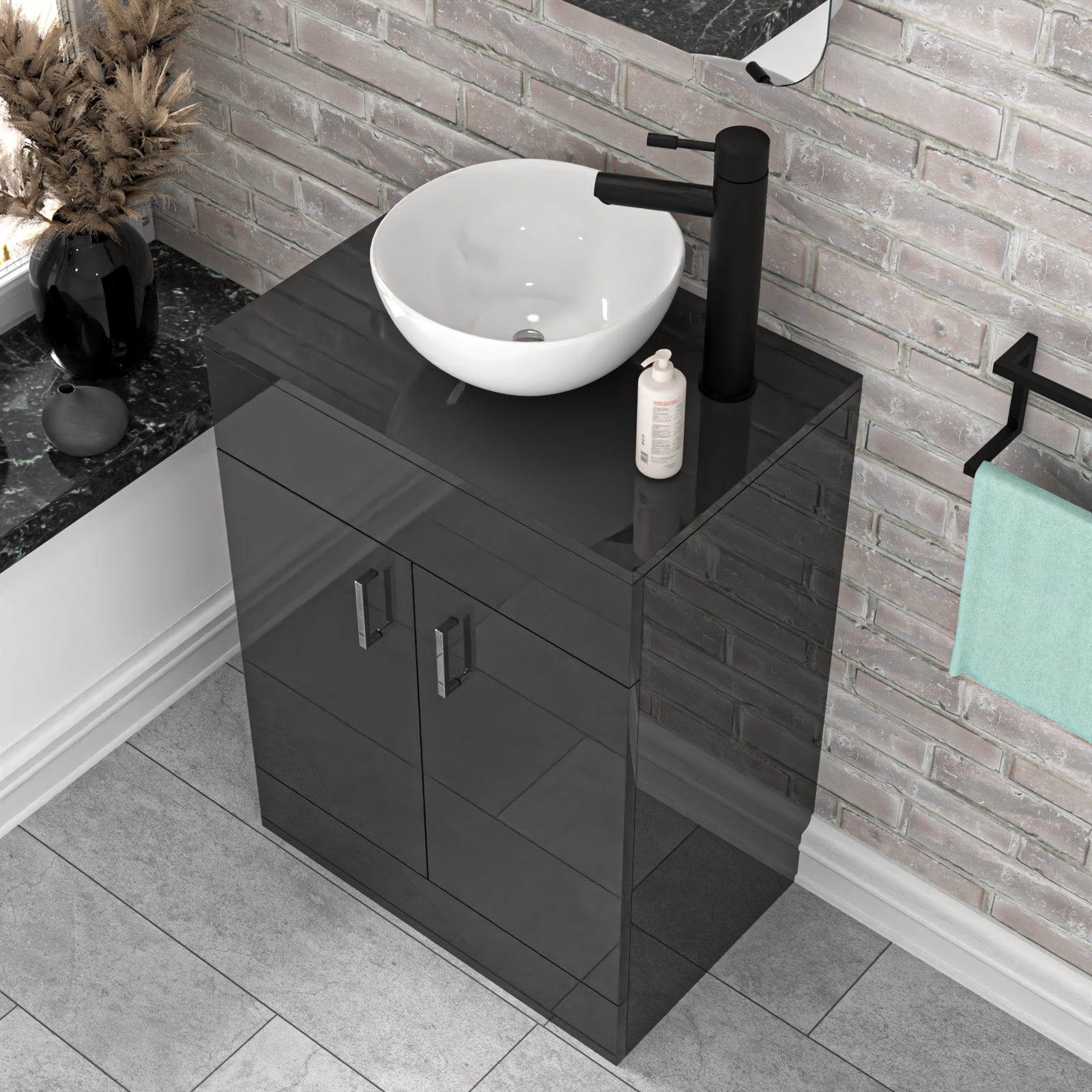 Nanuya Dark Grey 600mm Bathroom Doors Vanity Unit Round Ceramic Basin