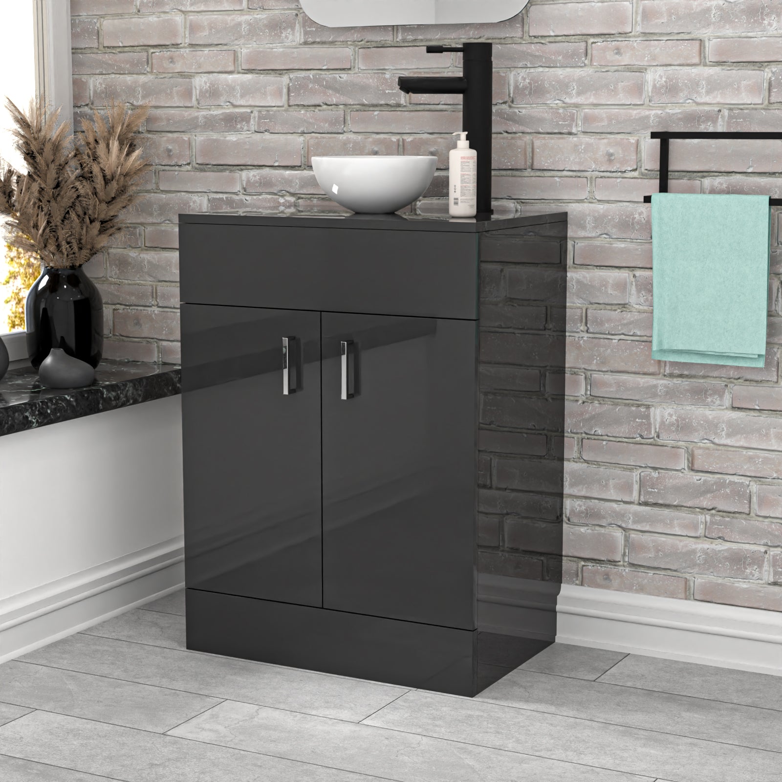 Nanuya Dark Grey 600mm Bathroom Doors Vanity Unit Round Ceramic Basin