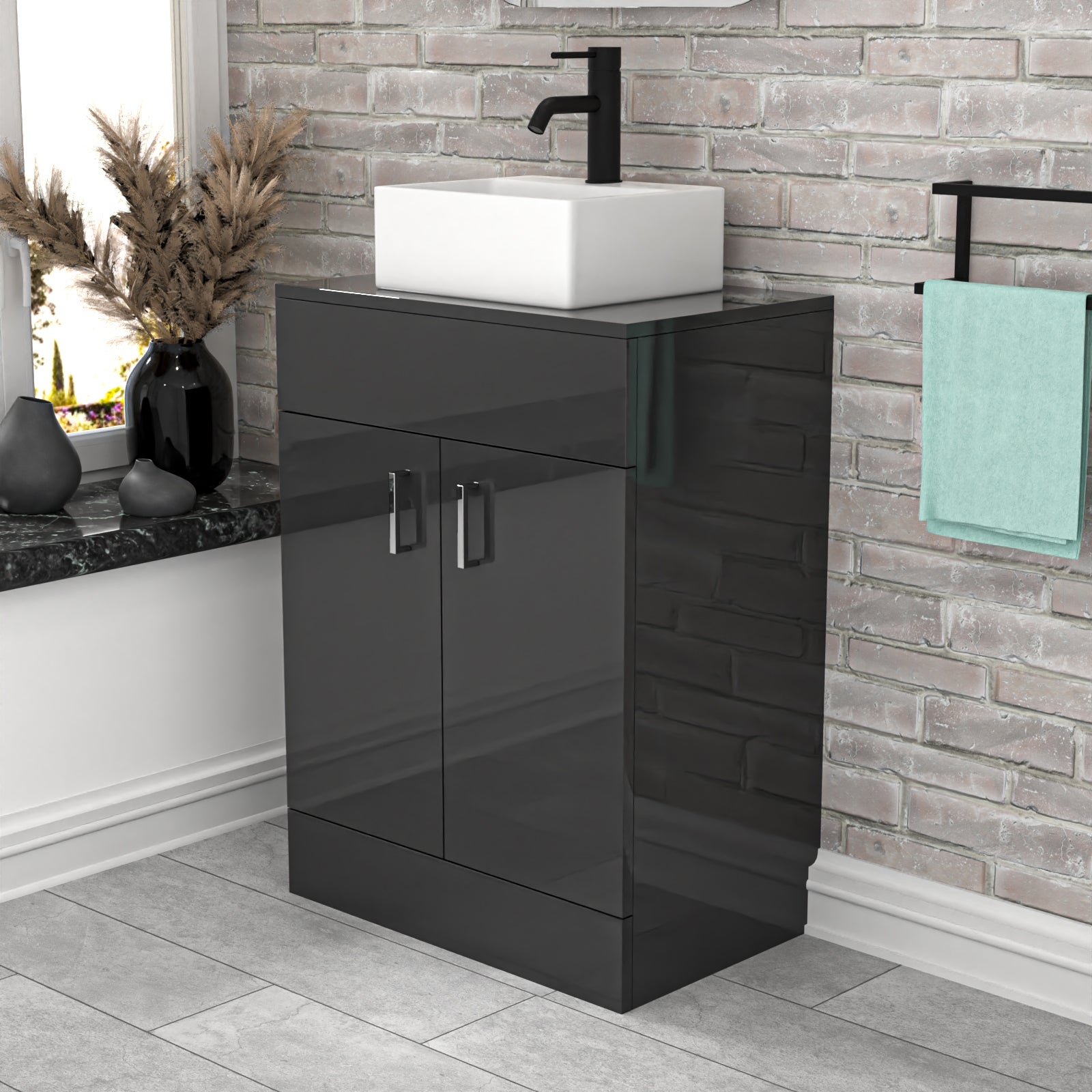 Nanuya Dark Grey 600mm Bathroom Doors Vanity Unit Rectangle Ceramic Basin