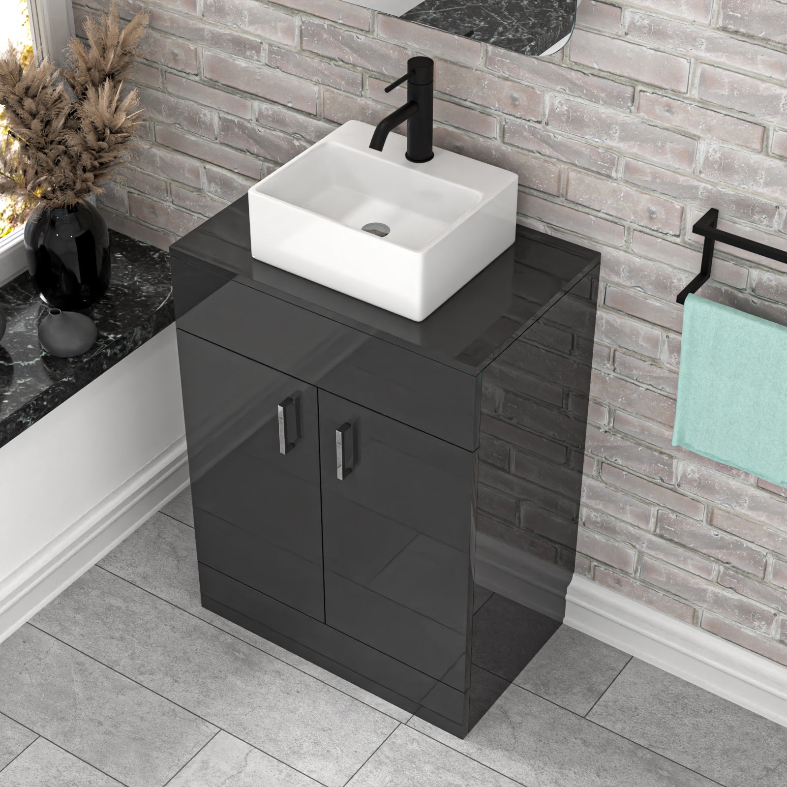 Nanuya Dark Grey 600mm Bathroom Doors Vanity Unit Rectangle Ceramic Basin