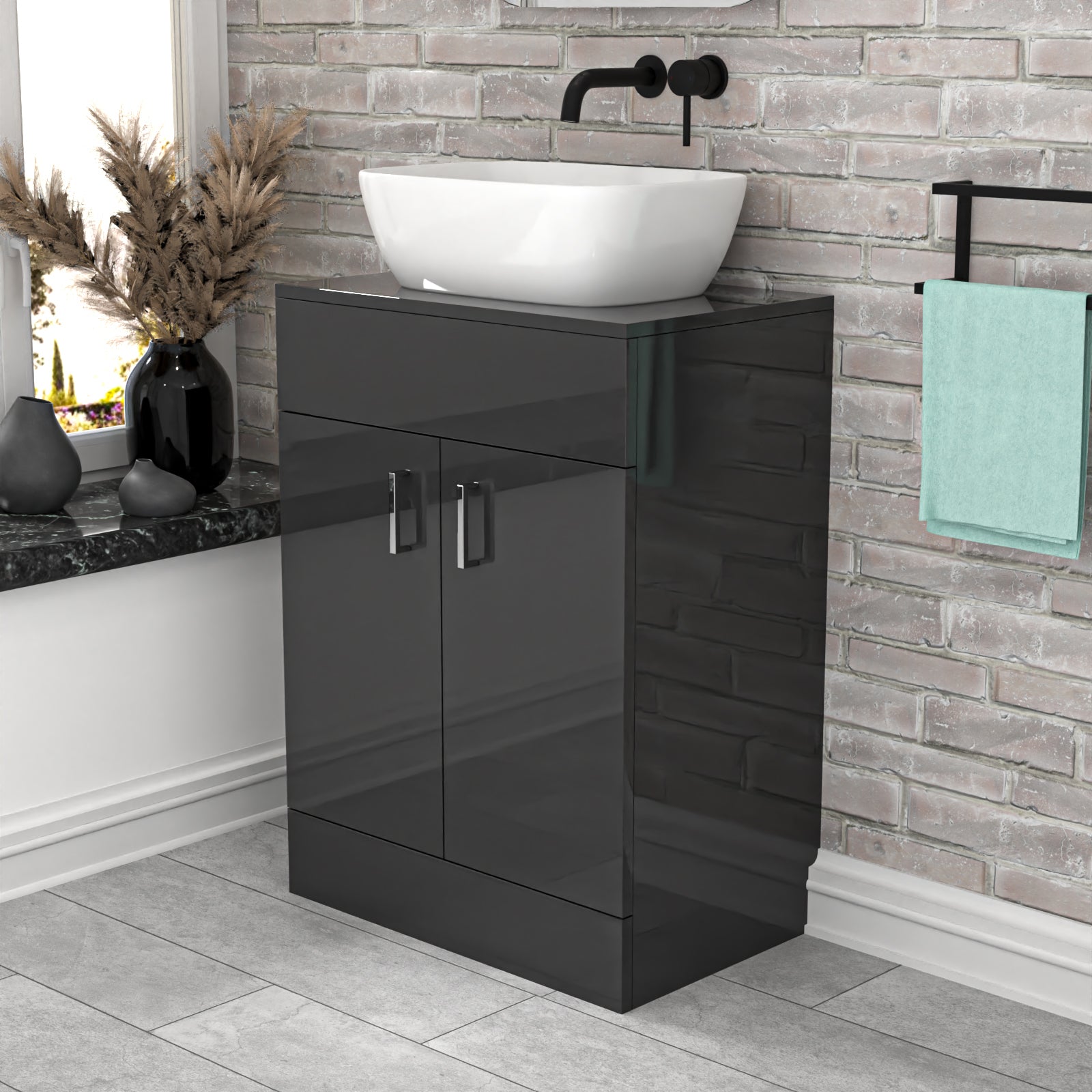 Nanuya Dark Grey 600mm Bathroom Doors Vanity Unit Rounded Rectangle Basin