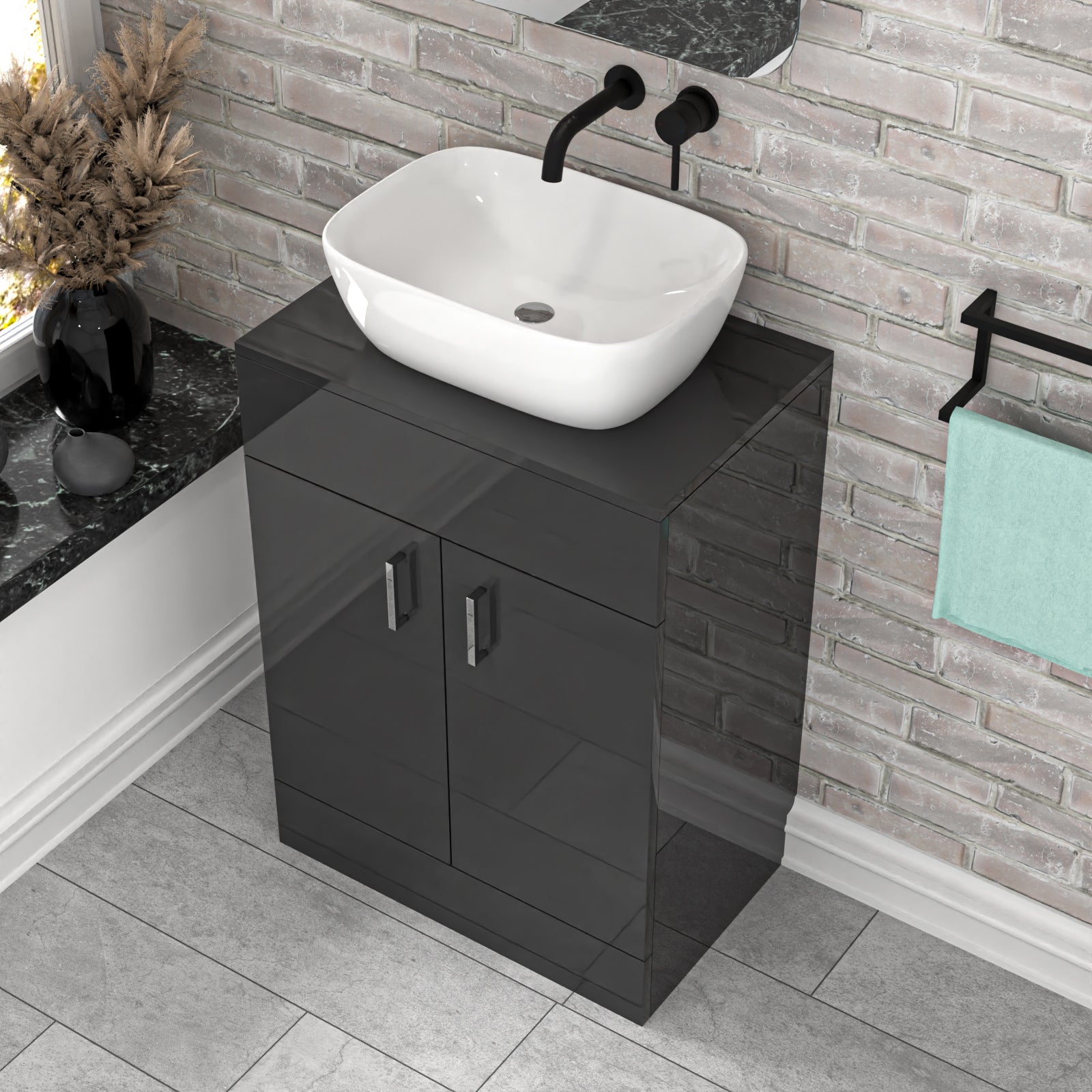 Nanuya Dark Grey 600mm Bathroom Doors Vanity Unit Rounded Rectangle Basin