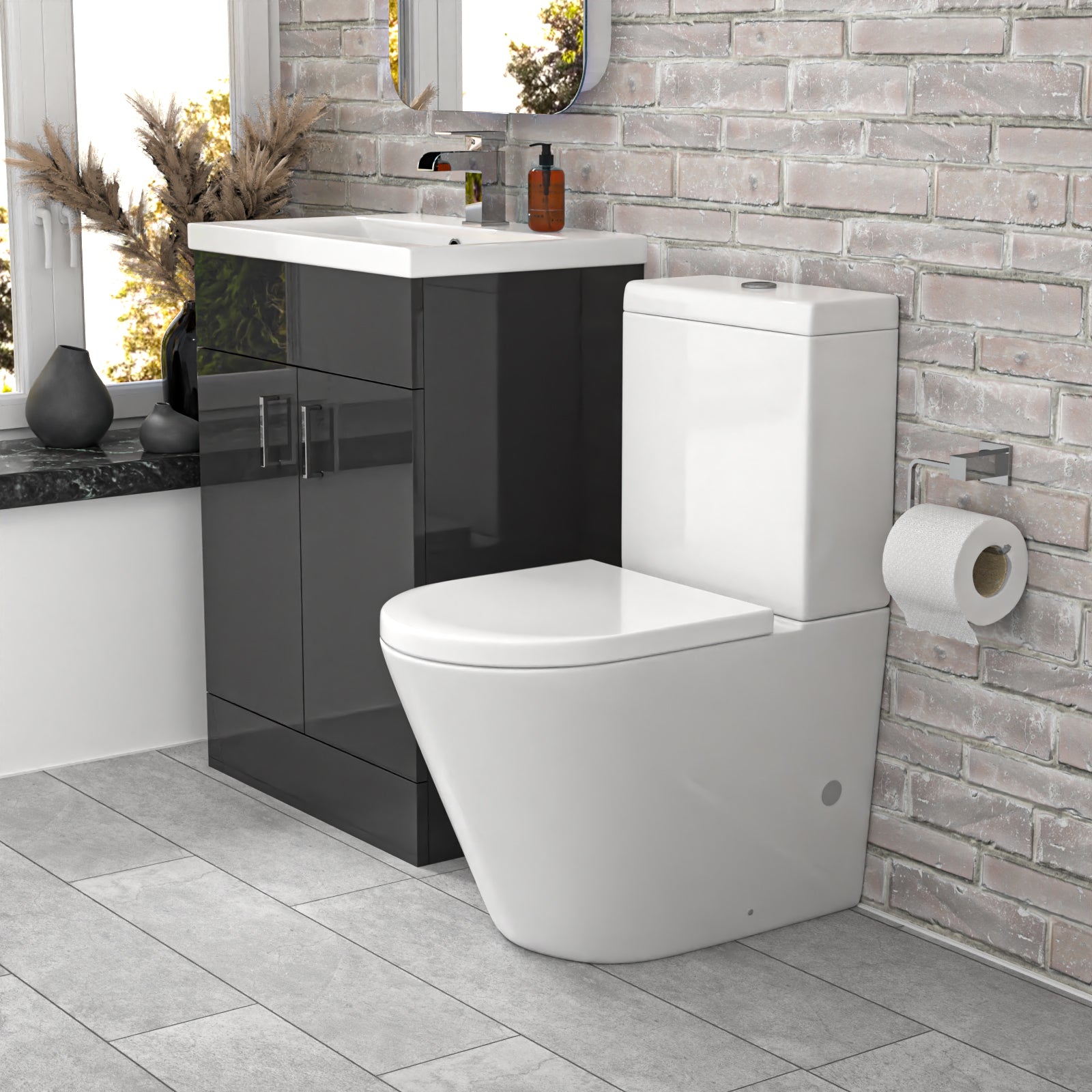 Nanuya Dark Grey 600mm Basin Vanity Unit & Close Coupled Toilet
