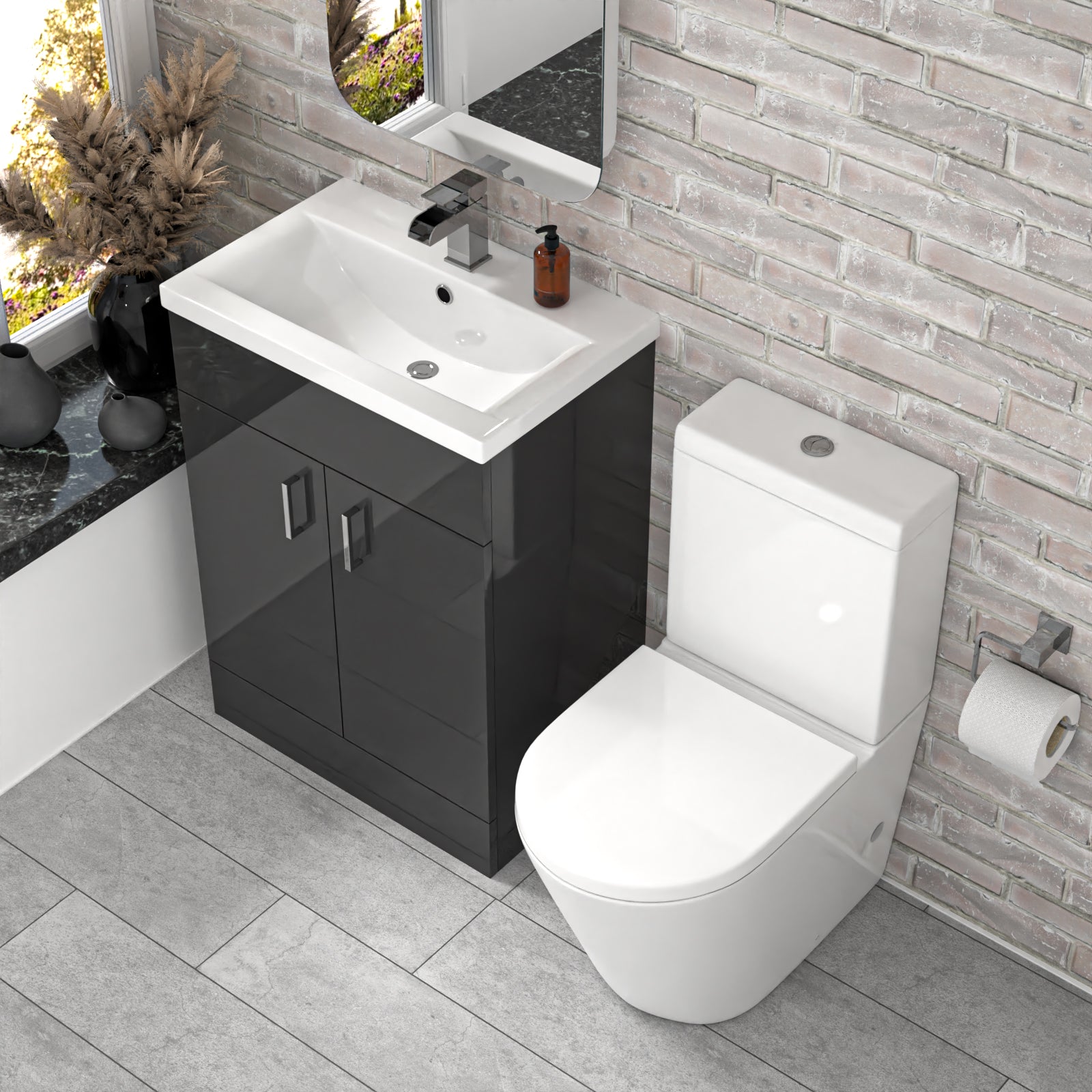 Nanuya Dark Grey 600mm Basin Vanity Unit & Close Coupled Toilet