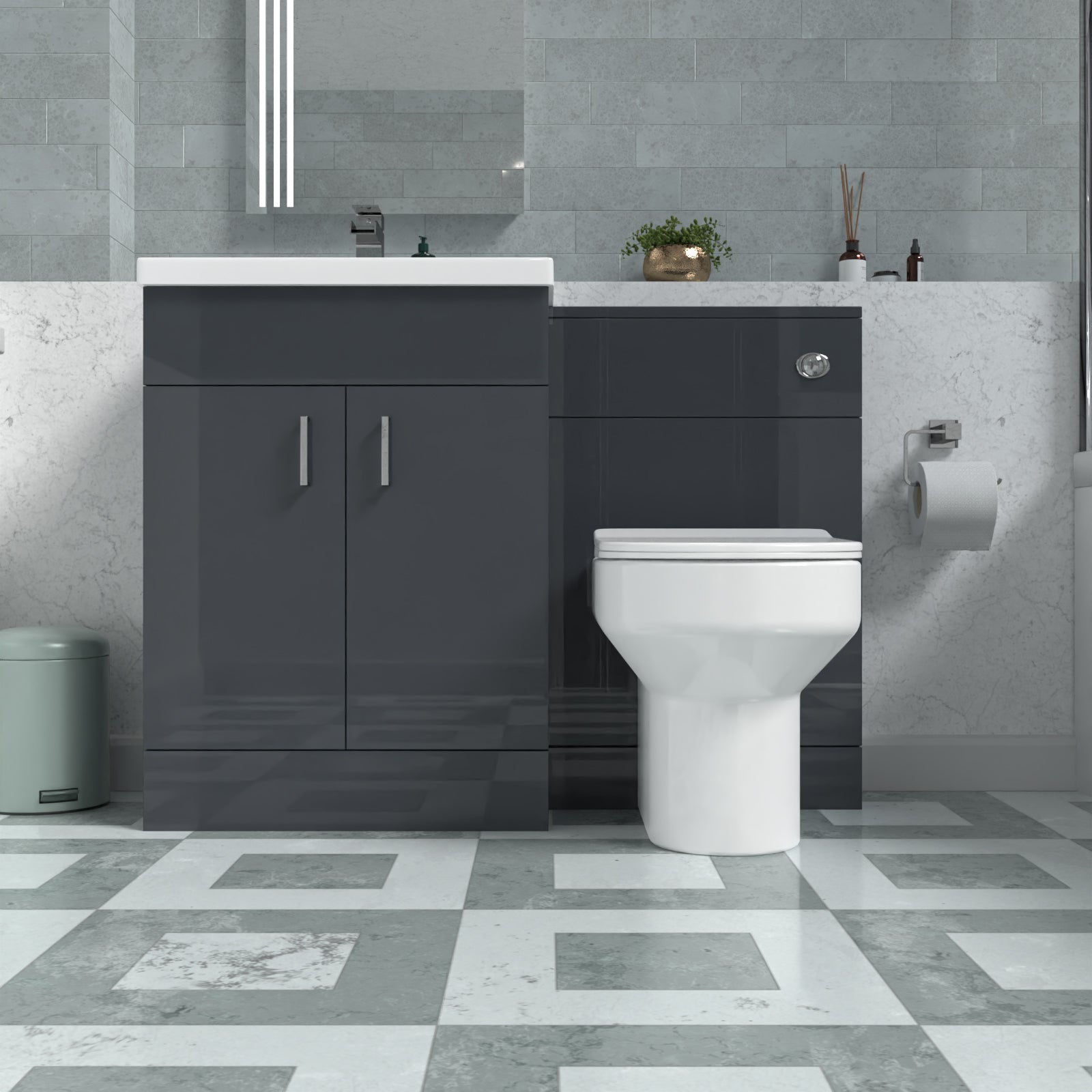 Nanuya 1100mm Dark Grey Vanity Basin Cabinet, WC Unit & Back To Wall Toilet