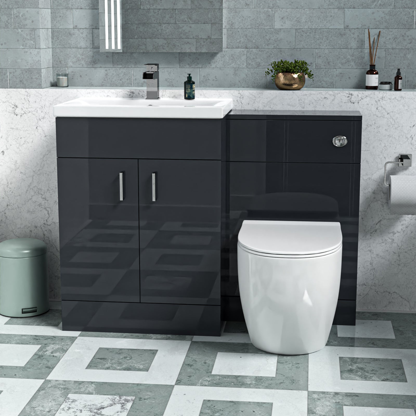 Nanuya 1100mm Dark Grey Vanity Basin Cabinet, WC Unit & Round Rimless Toilet
