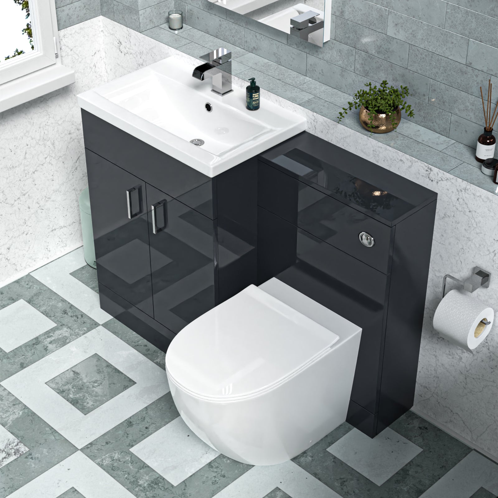 Nanuya 1100mm Dark Grey Vanity Basin Cabinet, WC Unit & Round Rimless Toilet