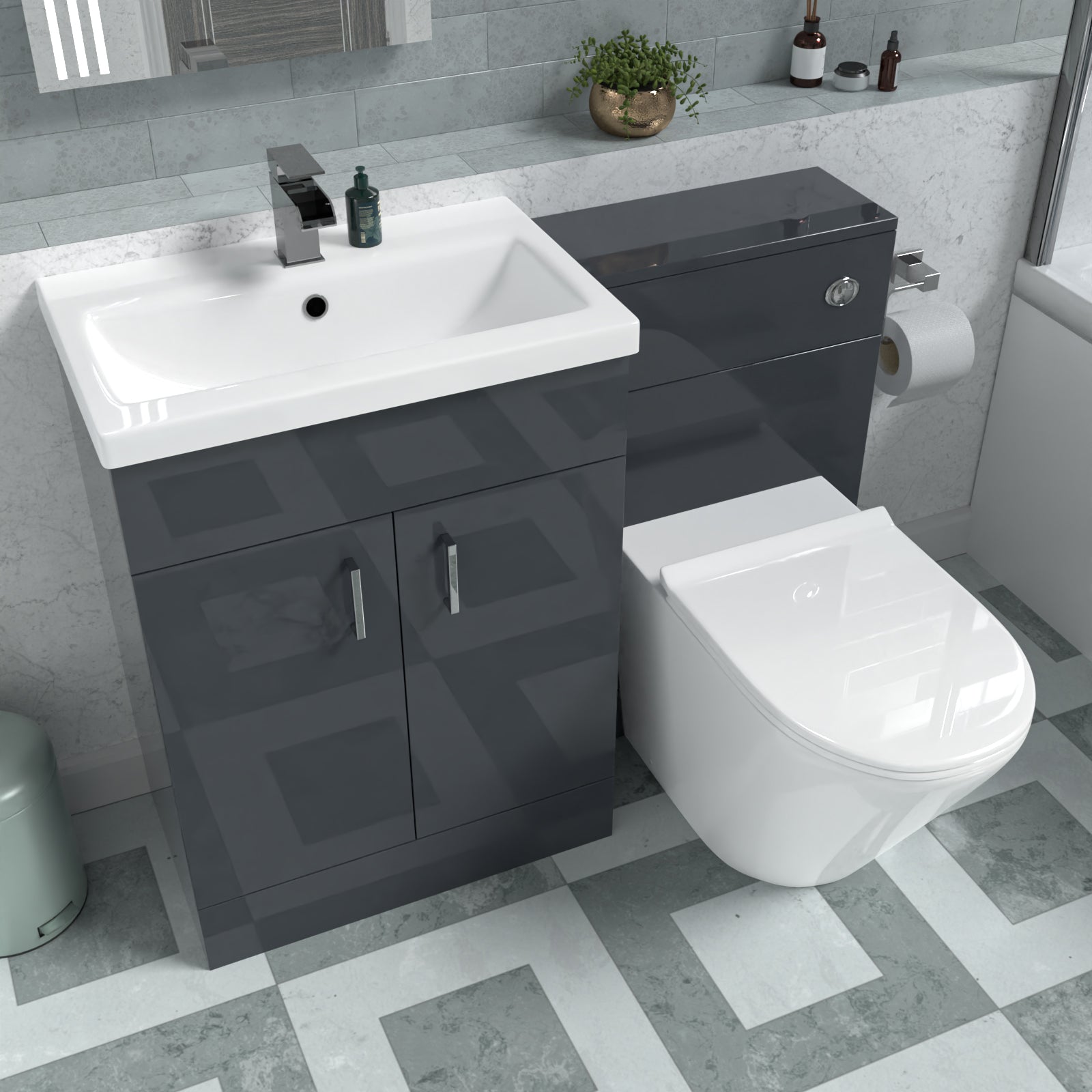 Nanuya 1100mm Dark Grey Vanity Basin Cabinet, WC Unit & Rimless Toilet