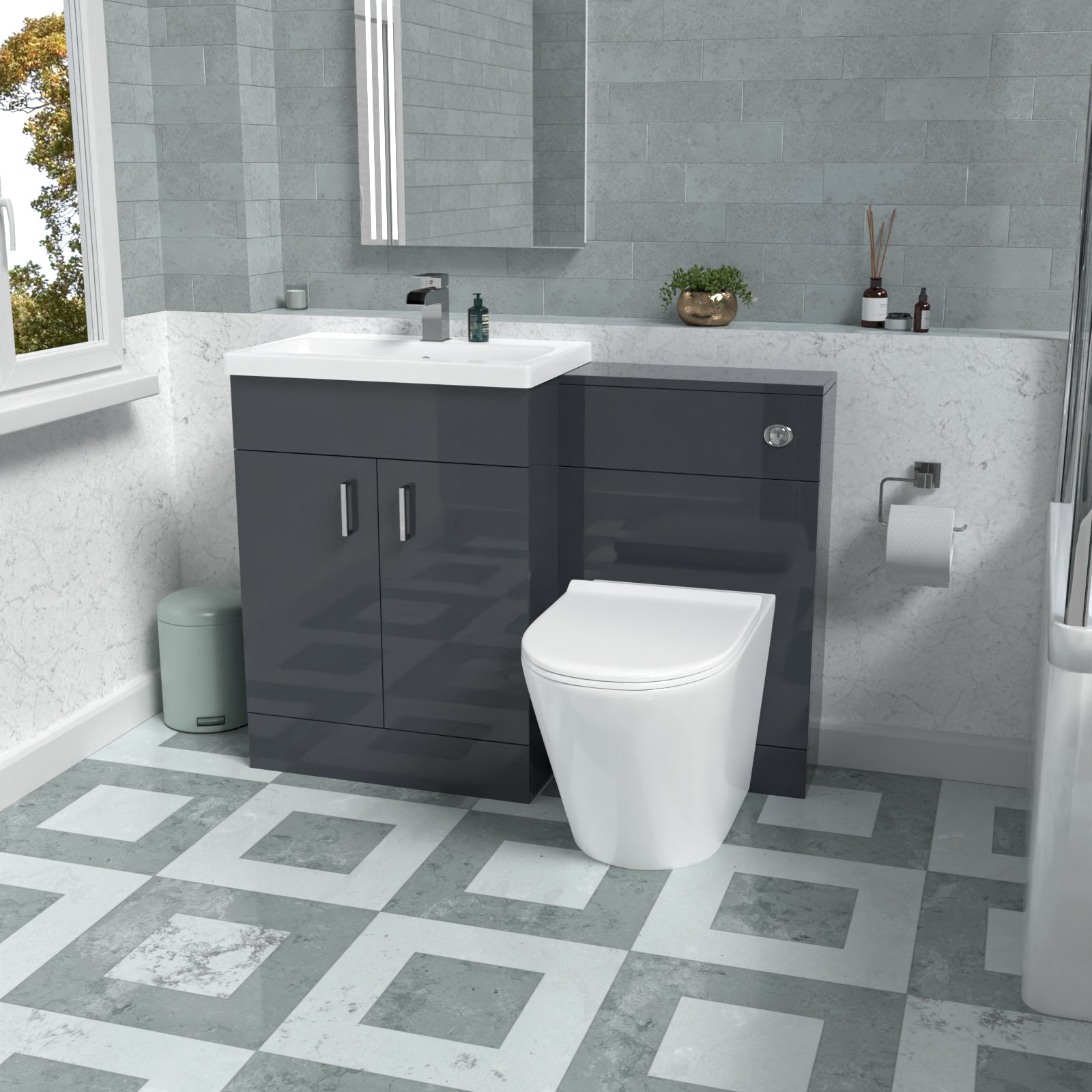 1100mm Dark Grey Vanity Basin Cabinet, WC Unit & Rimless Toilet