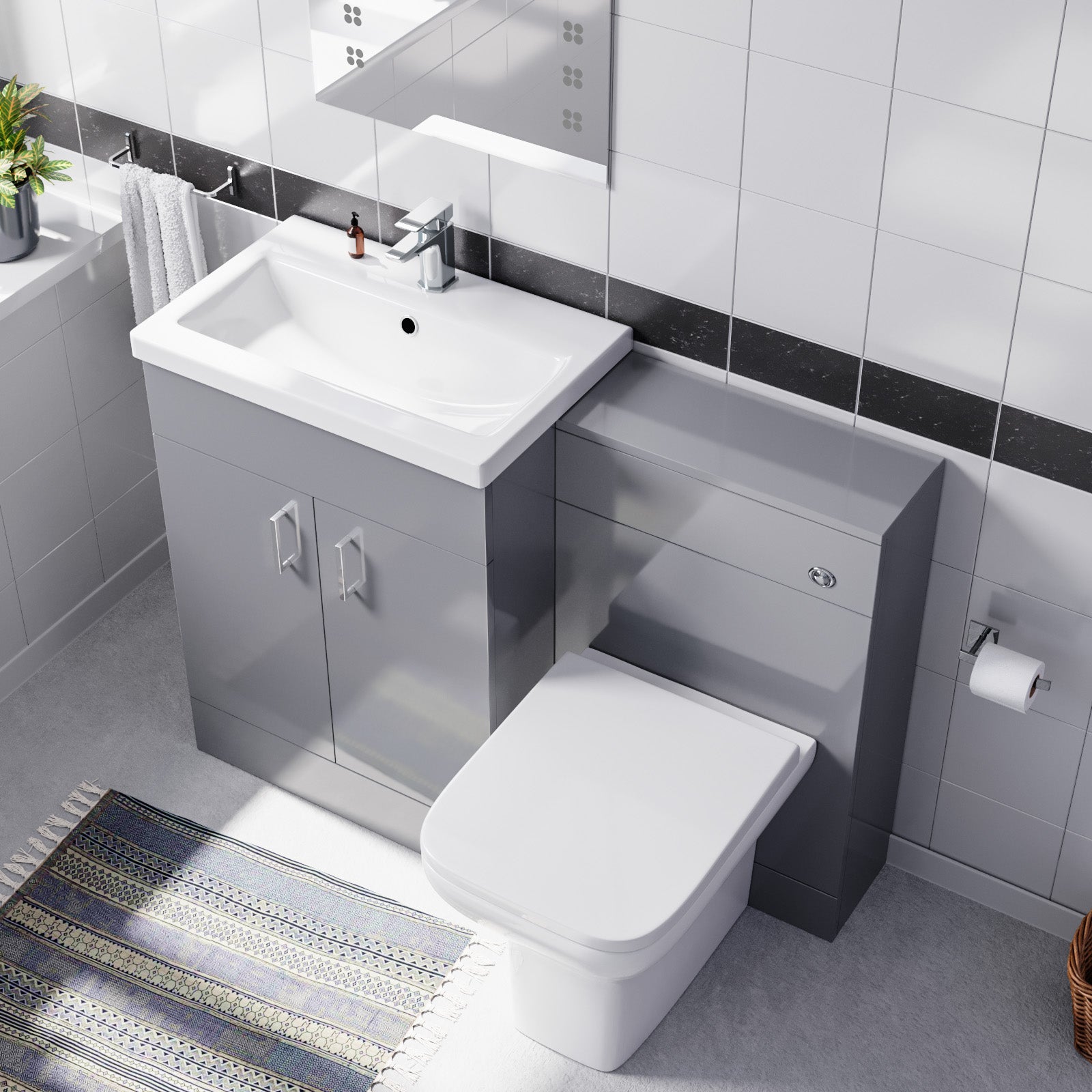 Nanuya 1100mm Grey Basin Vanity Cabinet, WC Unit & Square Back To Wall Toilet
