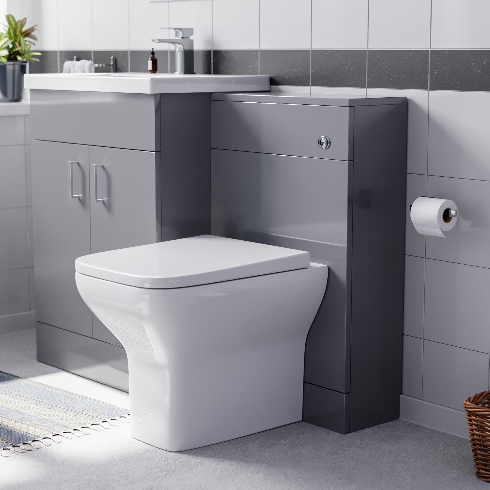 Nanuya 1100mm Grey Basin Vanity Cabinet, WC Unit & Square Back To Wall Toilet