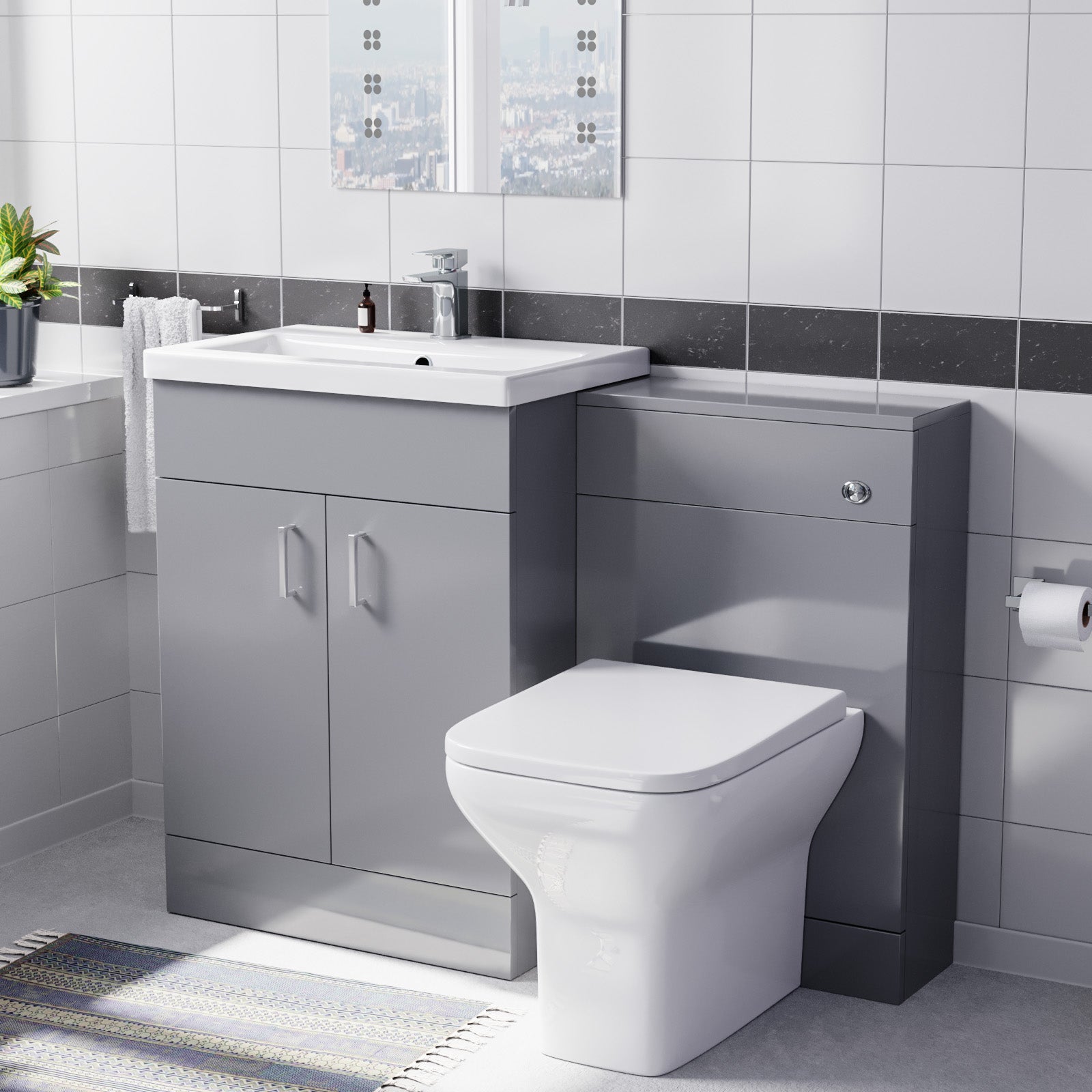 Nanuya 1100mm Grey Basin Vanity Cabinet, WC Unit & Square Back To Wall Toilet