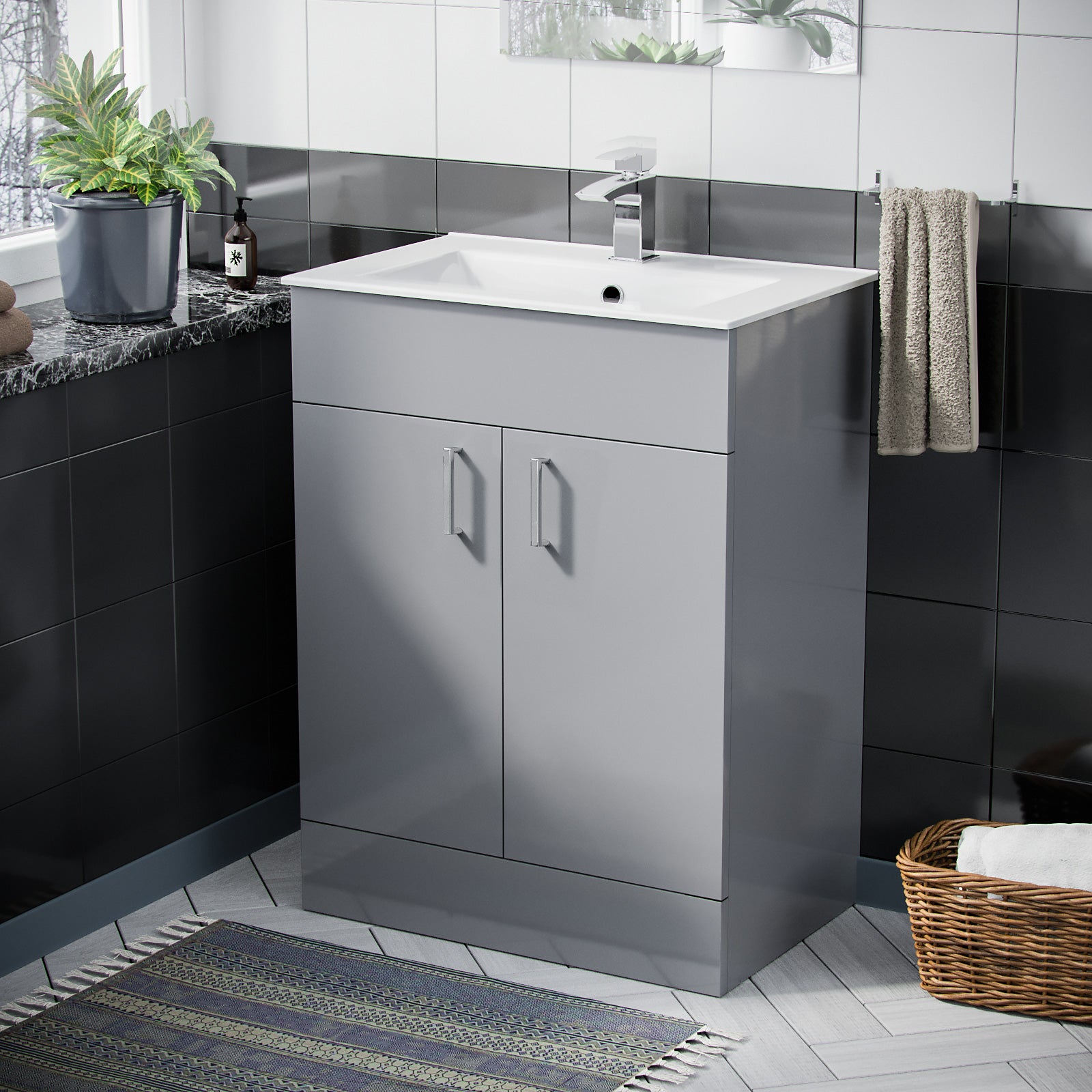 Nanuya 600mm Grey Floorstanding Vanity Unit & Slim White Basin Flat Pack