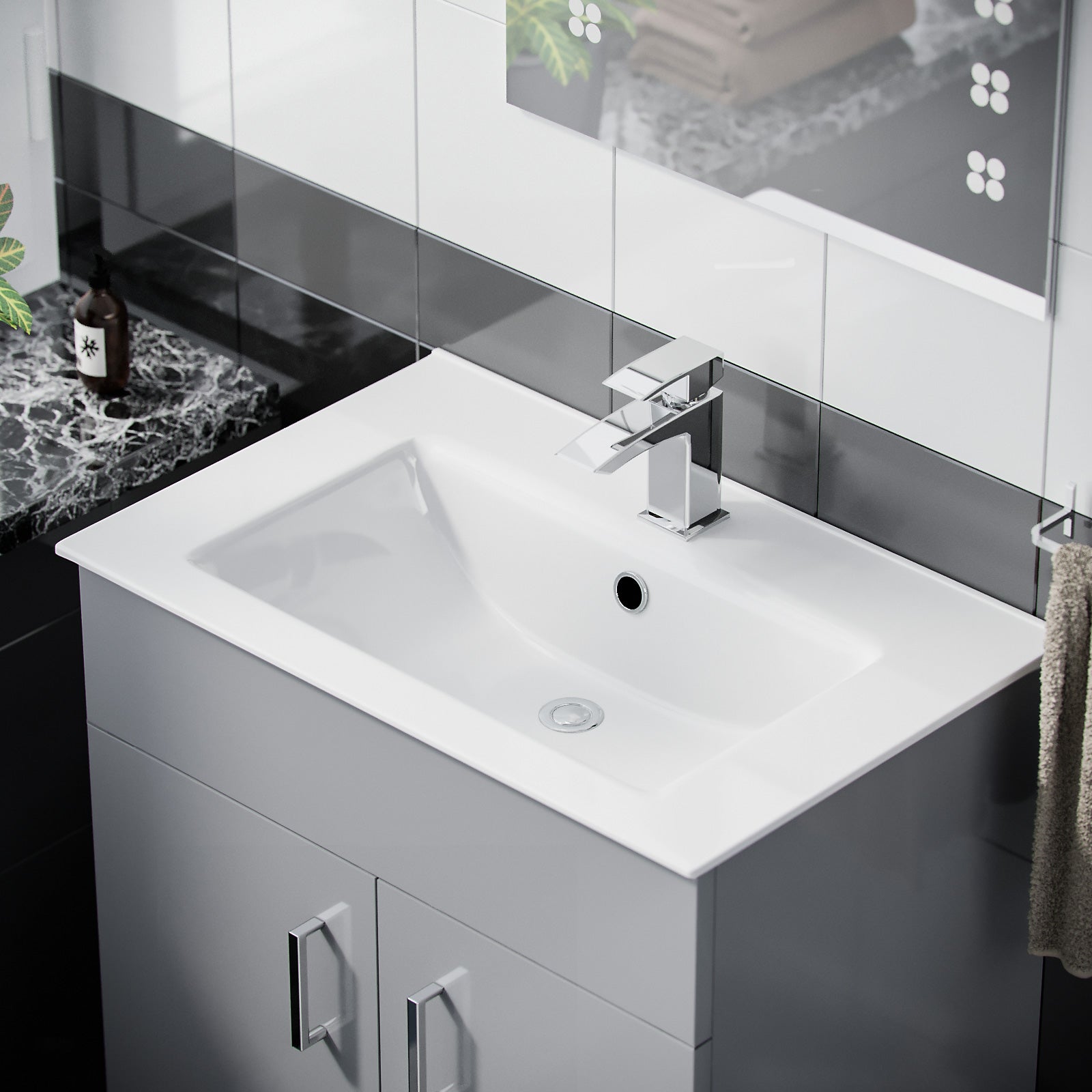 Nanuya 600mm Grey Floorstanding Vanity Unit & Slim White Basin Flat Pack