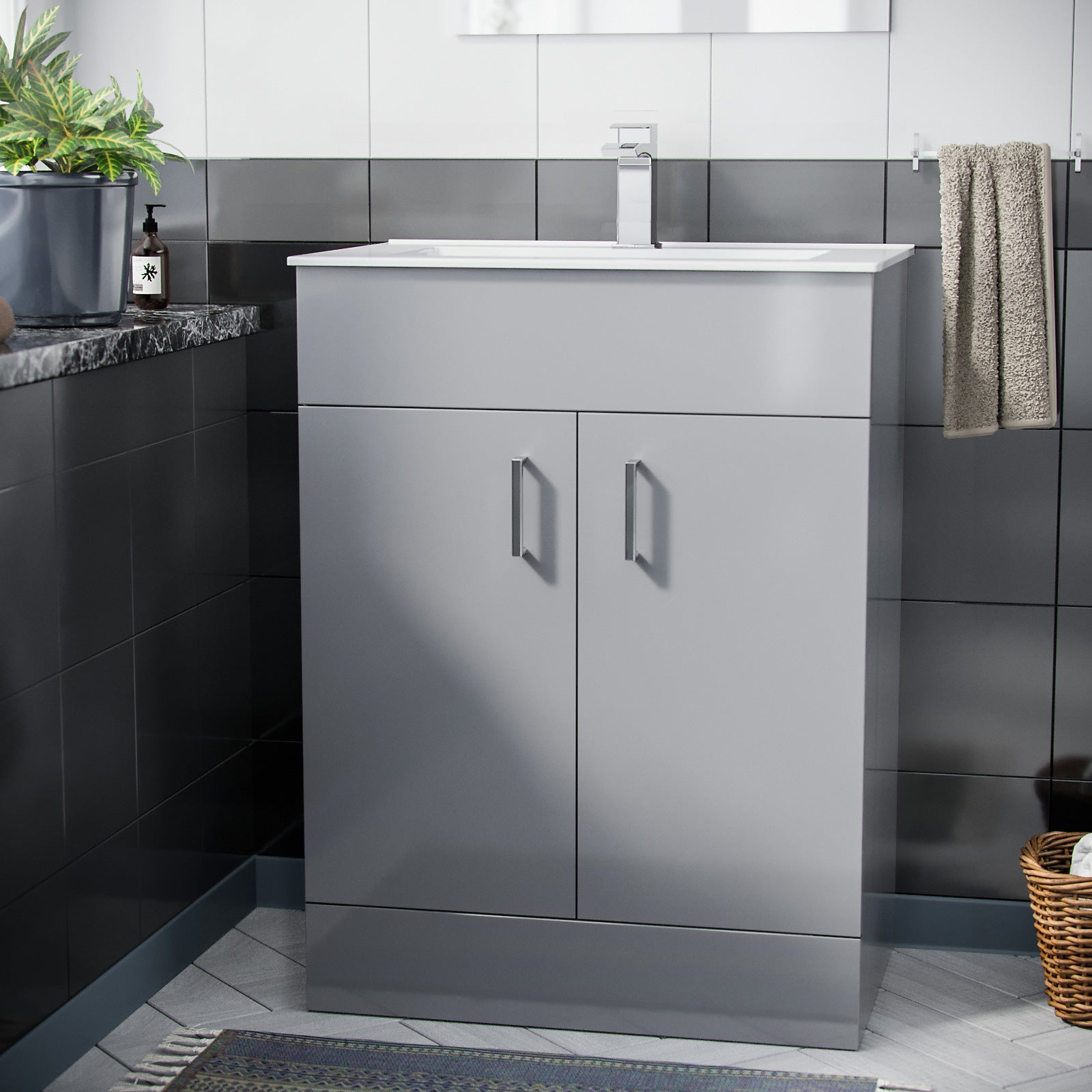 Nanuya 600mm Grey Floorstanding Vanity Unit & Slim White Basin Flat Pack